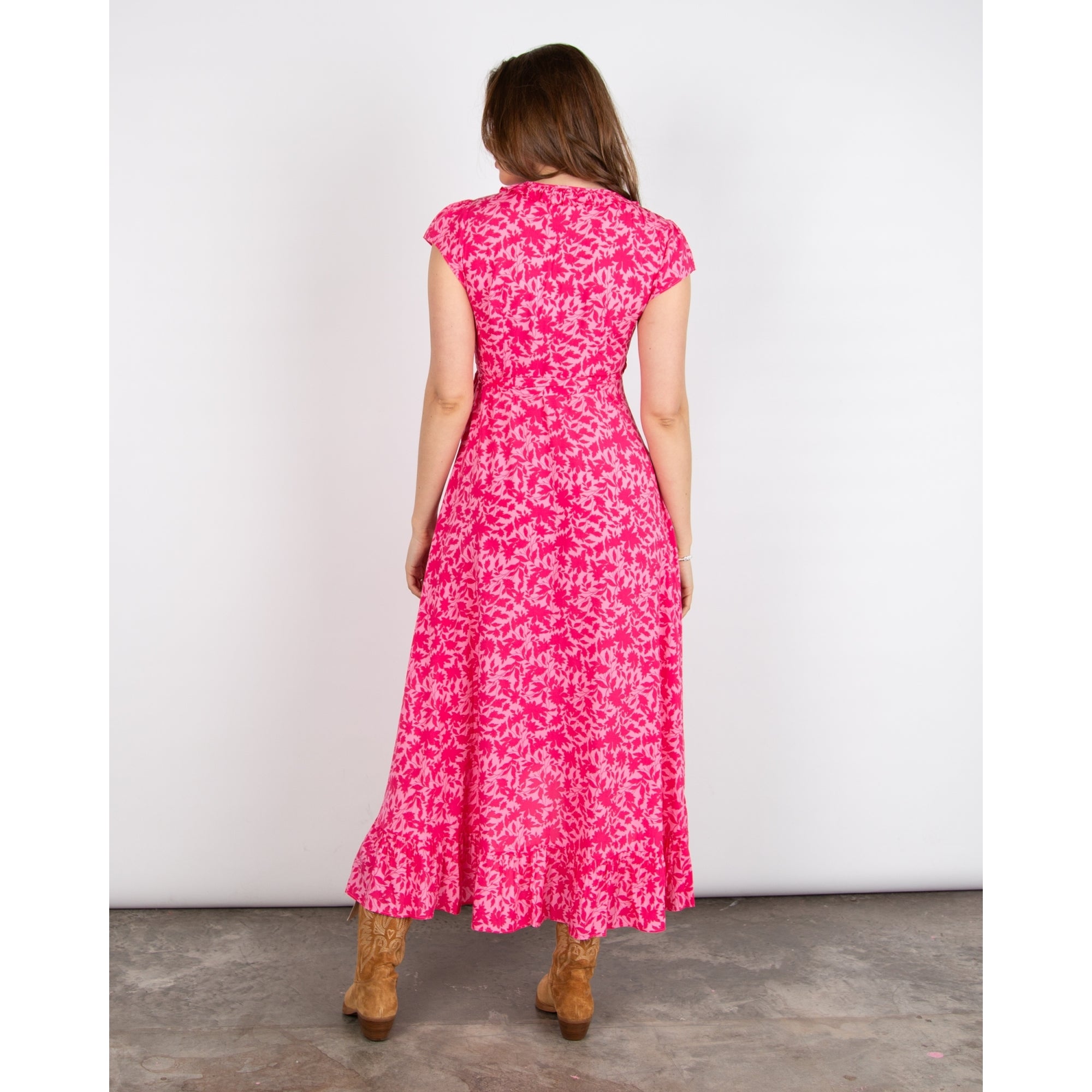 Aspiga Demi Leaf Print Frill Edge Long Wrap Dress Clematis Vines Pink