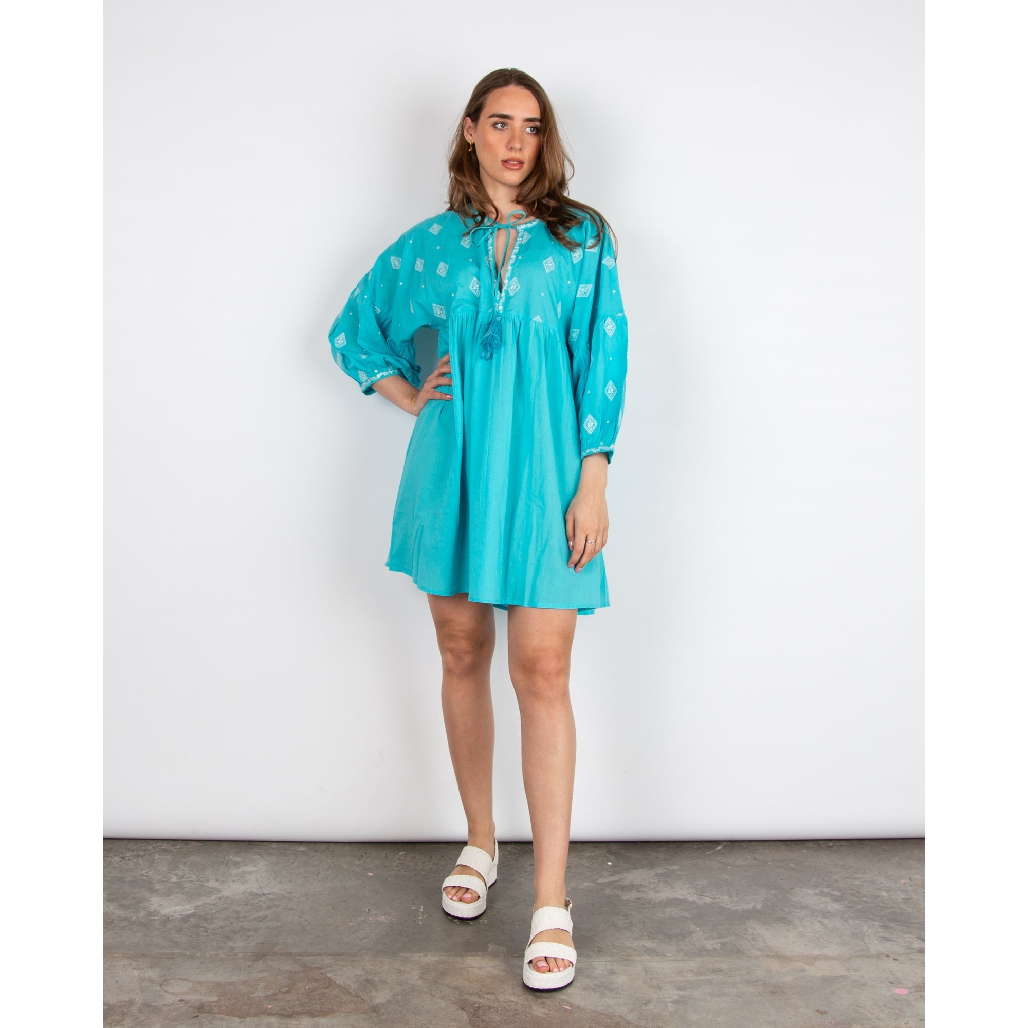 Dream Fashions Embroidered Balloon Sleeve Tie Neck Tunic Dress Aqua/white