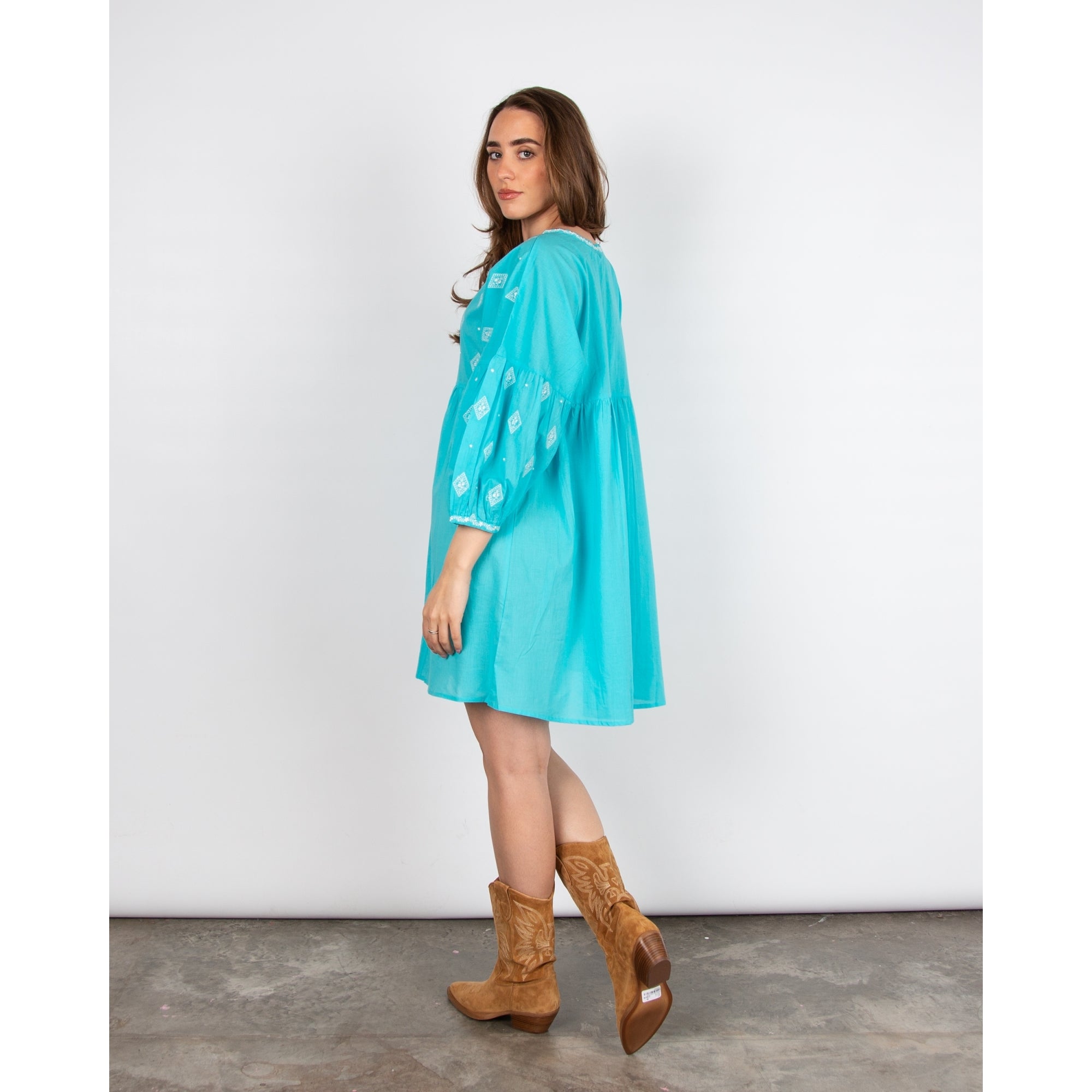 Dream Fashions Embroidered Balloon Sleeve Tie Neck Tunic Dress Aqua/white