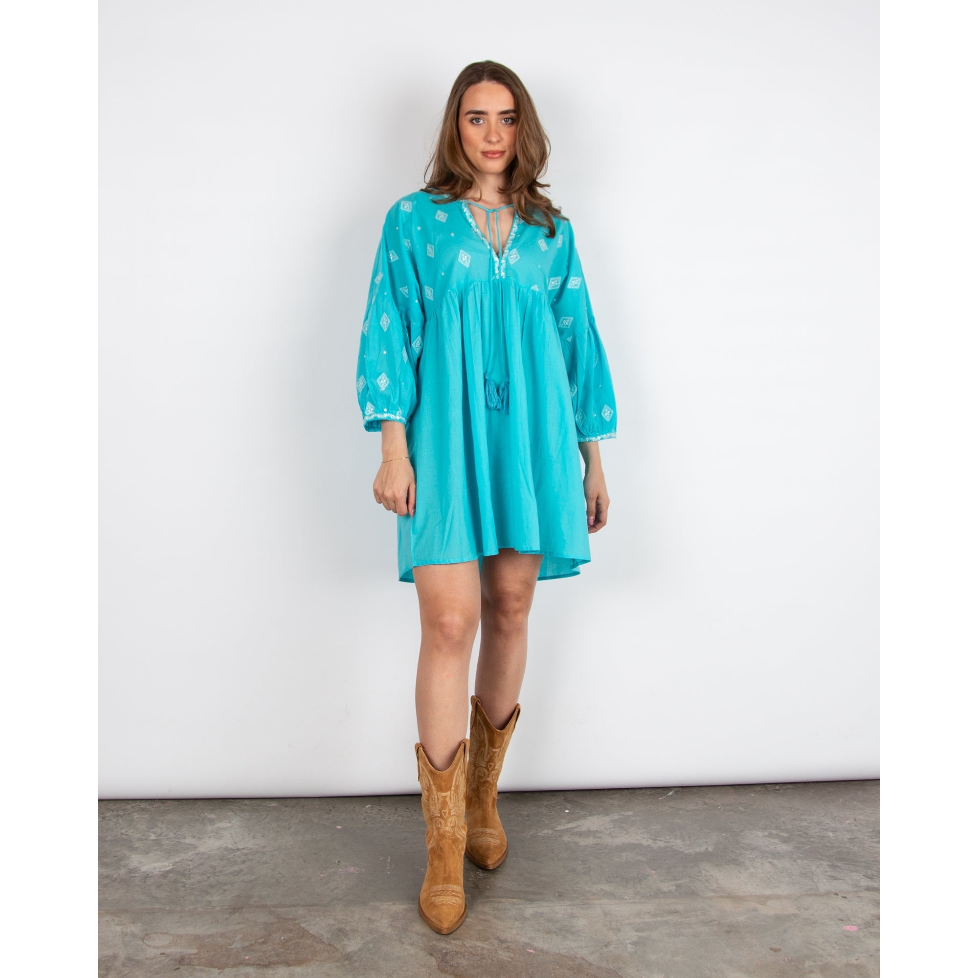 Dream Fashions Embroidered Balloon Sleeve Tie Neck Tunic Dress Aqua/white