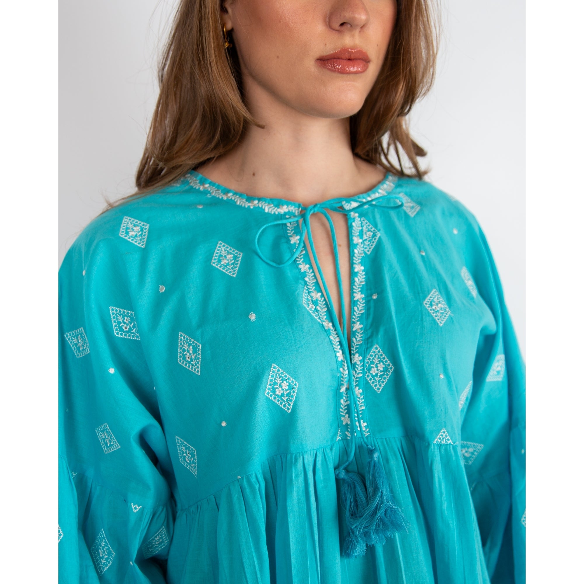 Dream Fashions Embroidered Balloon Sleeve Tie Neck Tunic Dress Aqua/white
