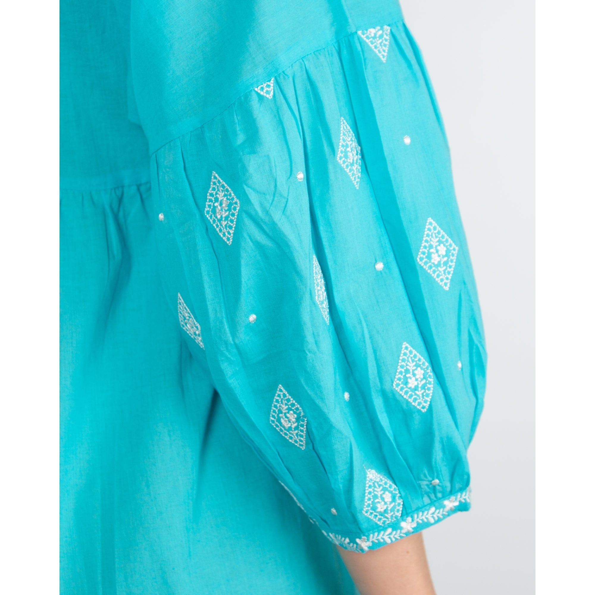 Dream Fashions Embroidered Balloon Sleeve Tie Neck Tunic Dress Aqua/white
