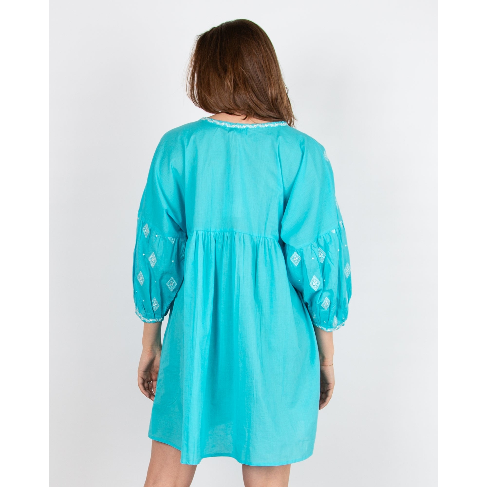 Dream Fashions Embroidered Balloon Sleeve Tie Neck Tunic Dress Aqua/white