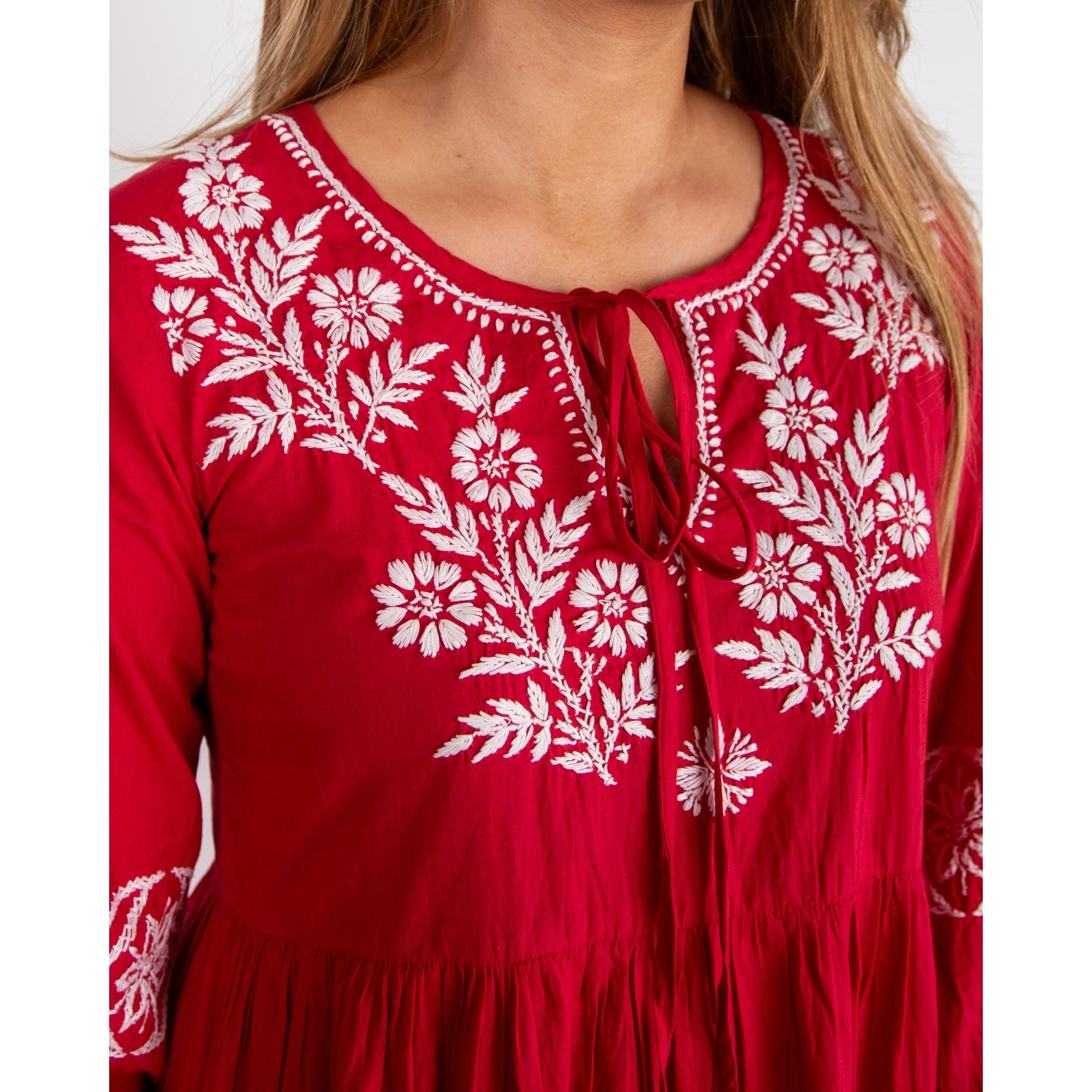 Dream Fashions Shimona Long Tiered Embroidered Balloon Sleeve Dress Red/white