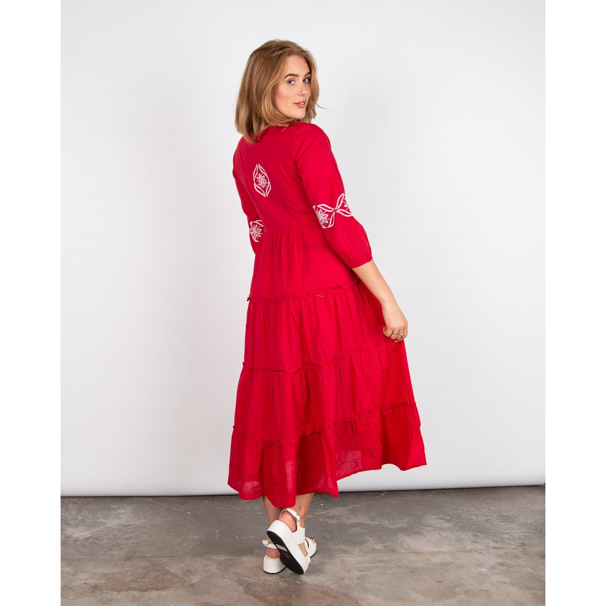 Dream Fashions Shimona Long Tiered Embroidered Balloon Sleeve Dress Red/white