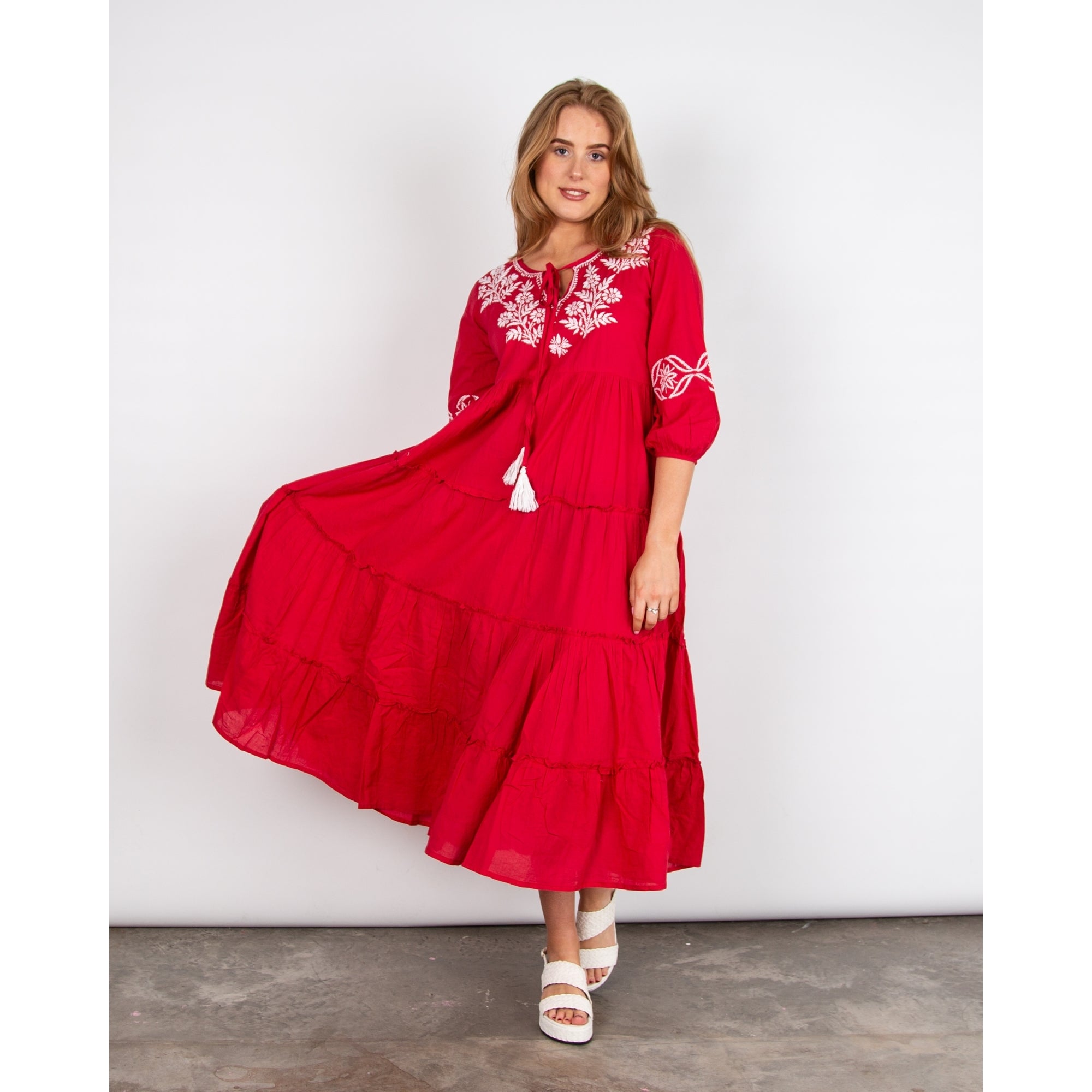 Dream Fashions Shimona Long Tiered Embroidered Balloon Sleeve Dress Red/white