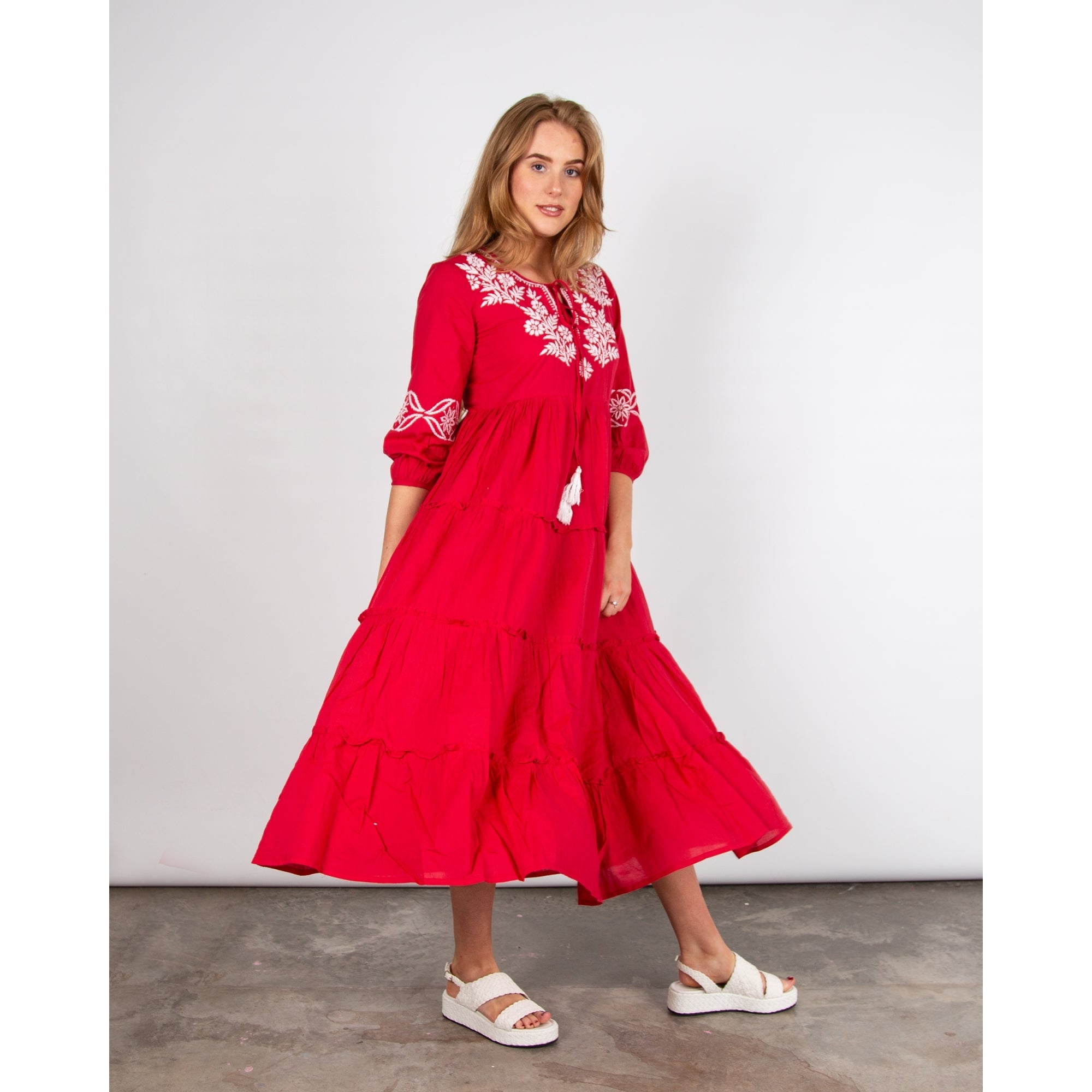 Dream Fashions Shimona Long Tiered Embroidered Balloon Sleeve Dress Red/white