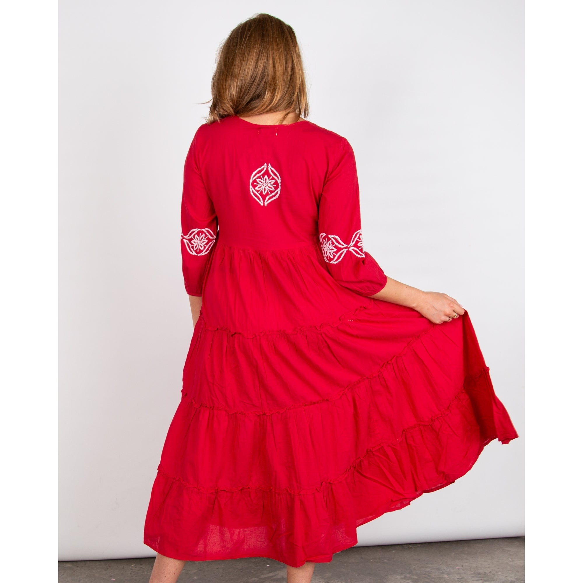 Dream Fashions Shimona Long Tiered Embroidered Balloon Sleeve Dress Red/white