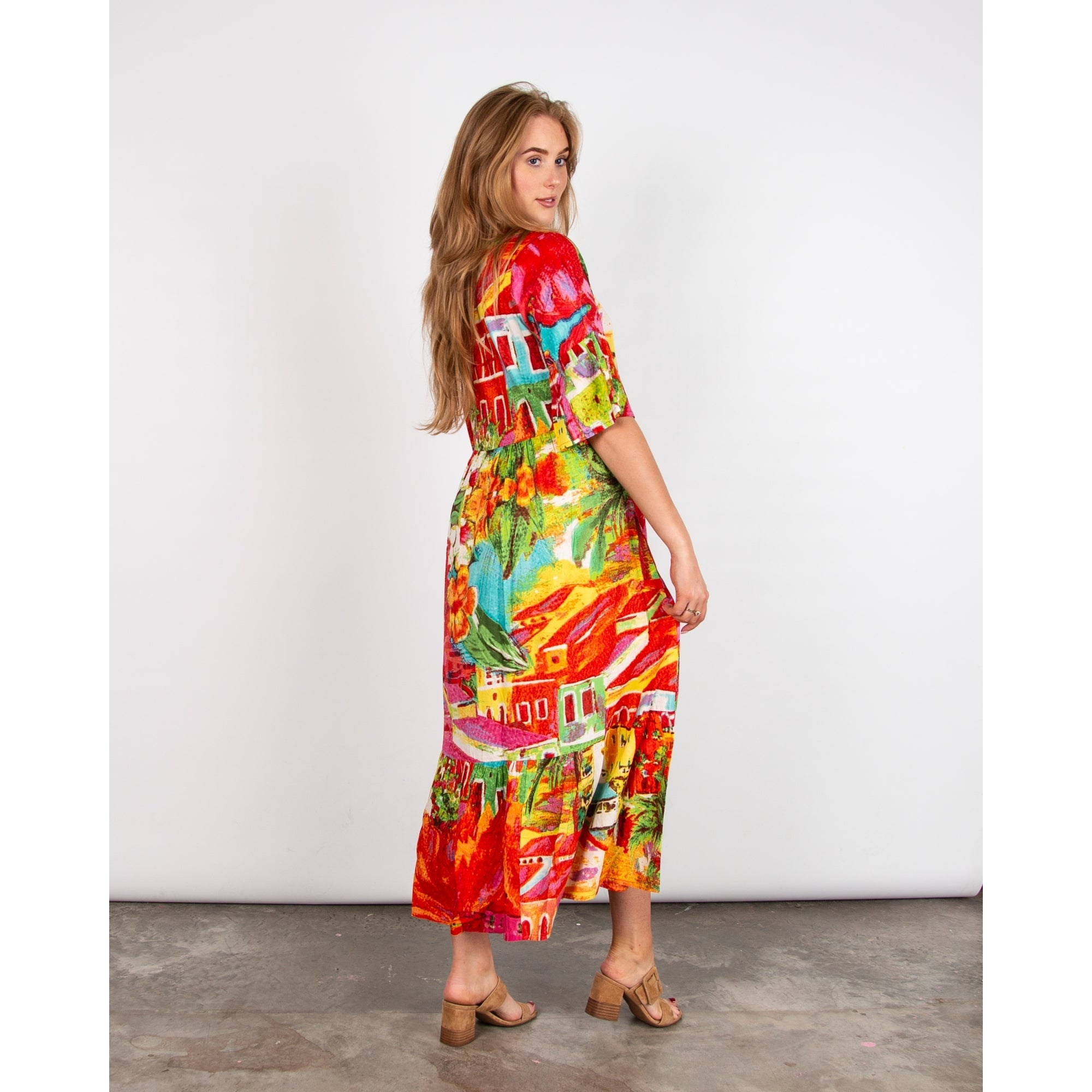 Orientique V Neck Aiya Napa Print Empire Seam Floaty Dress Bright Multi