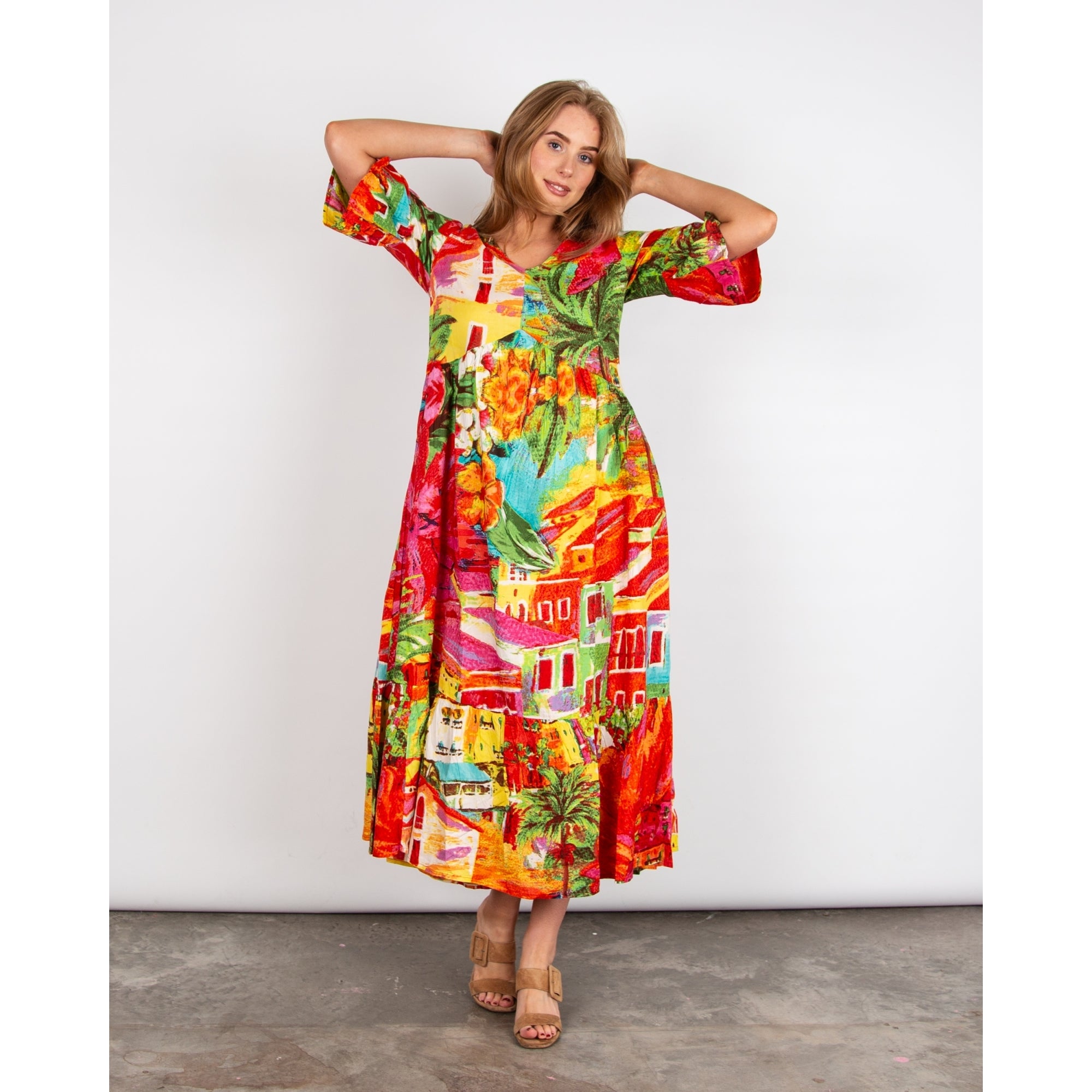 Orientique V Neck Aiya Napa Print Empire Seam Floaty Dress Bright Multi