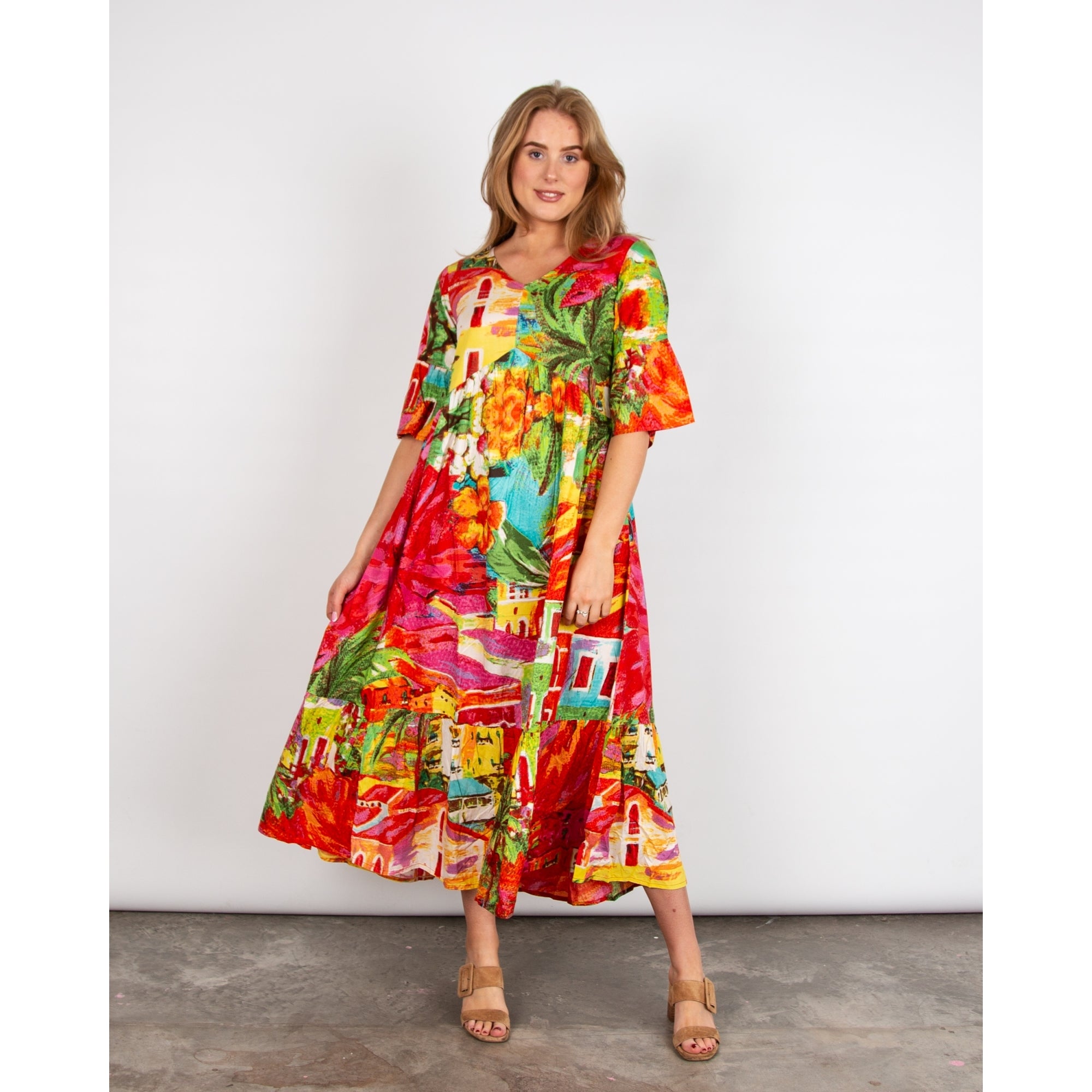 Orientique V Neck Aiya Napa Print Empire Seam Floaty Dress Bright Multi