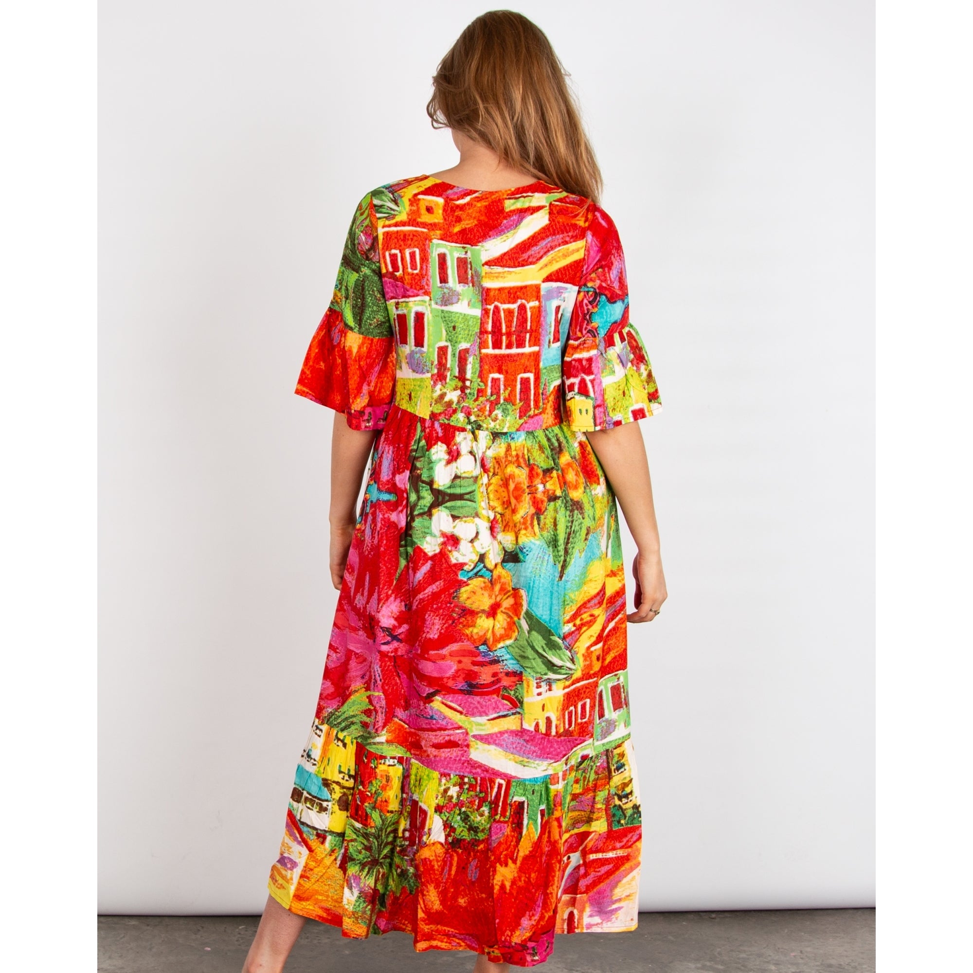 Orientique V Neck Aiya Napa Print Empire Seam Floaty Dress Bright Multi