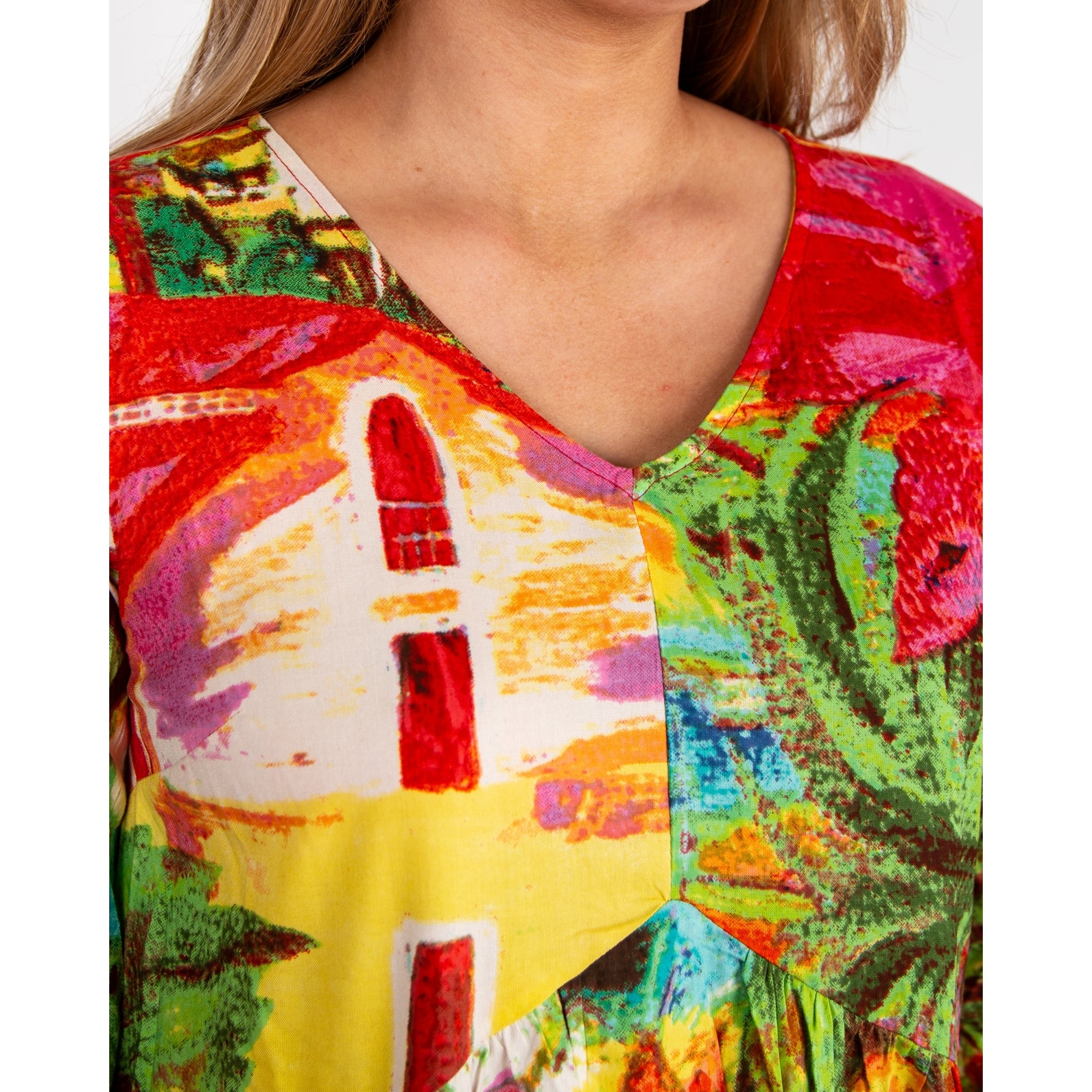 Orientique V Neck Aiya Napa Print Empire Seam Floaty Dress Bright Multi