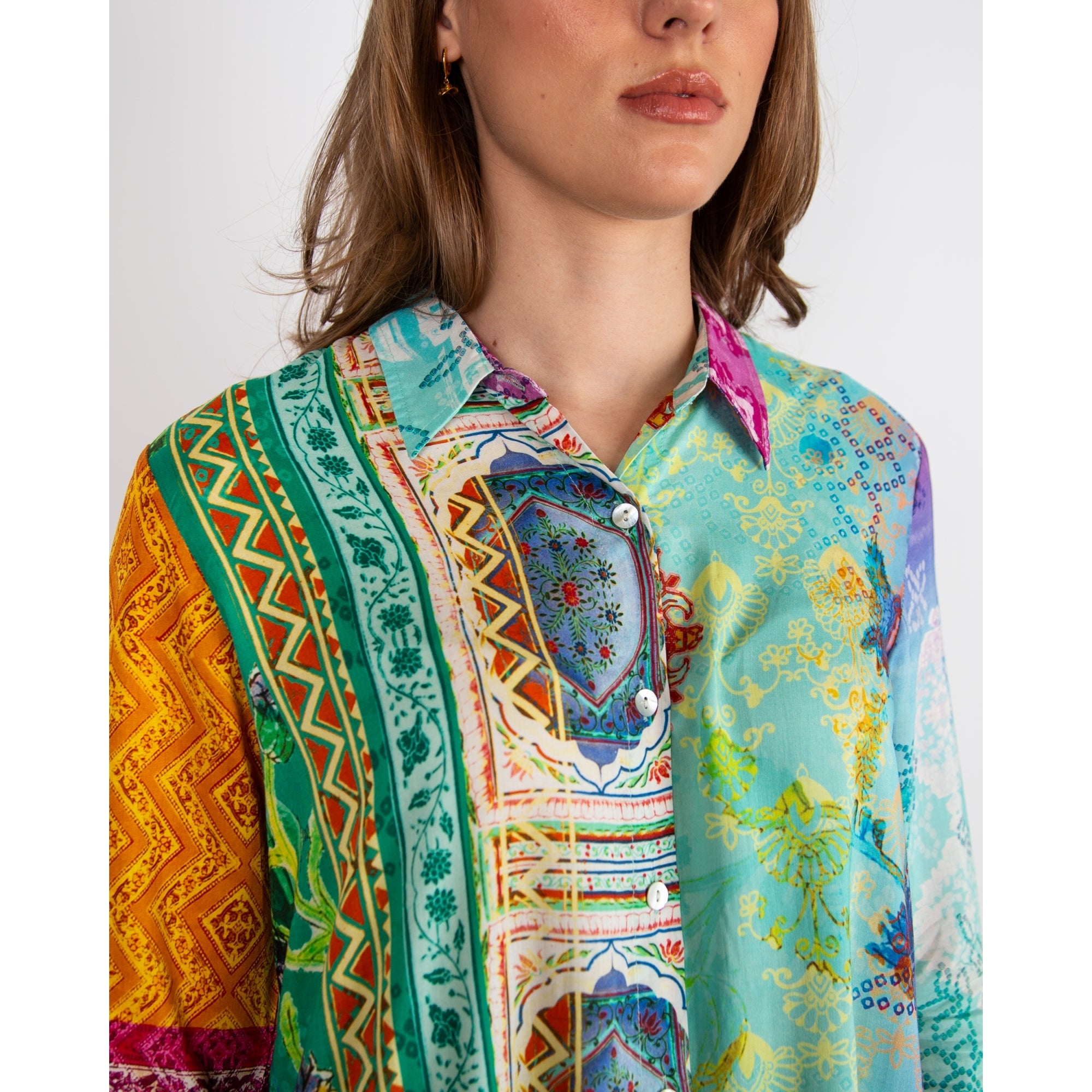 Orientique Multi Print 3/4 Sleeve Short Digital Shirt Dress Multi