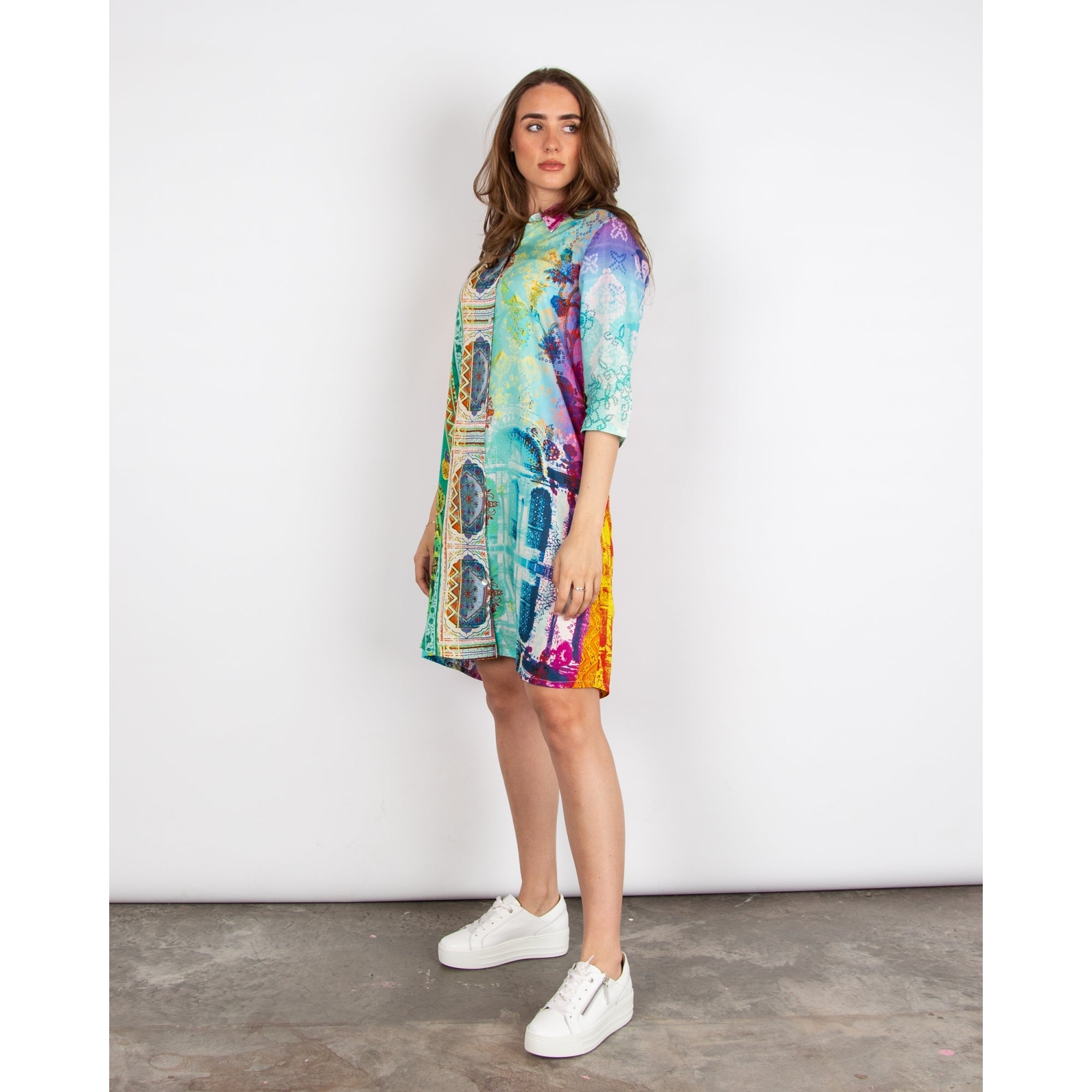 Orientique Multi Print 3/4 Sleeve Short Digital Shirt Dress Multi