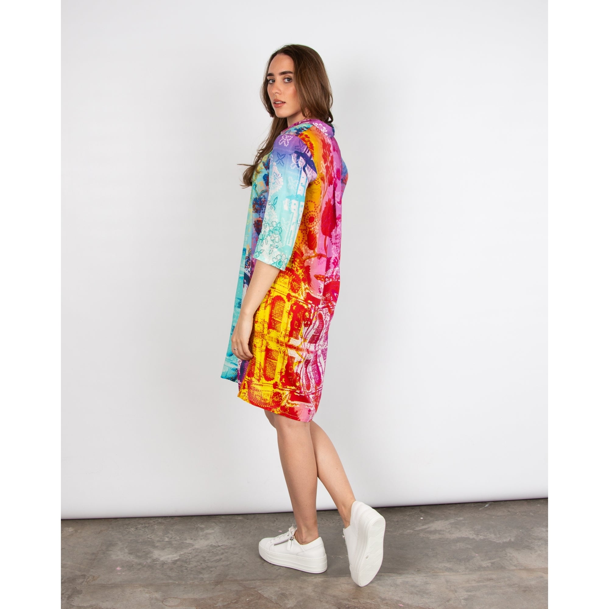 Orientique Multi Print 3/4 Sleeve Short Digital Shirt Dress Multi