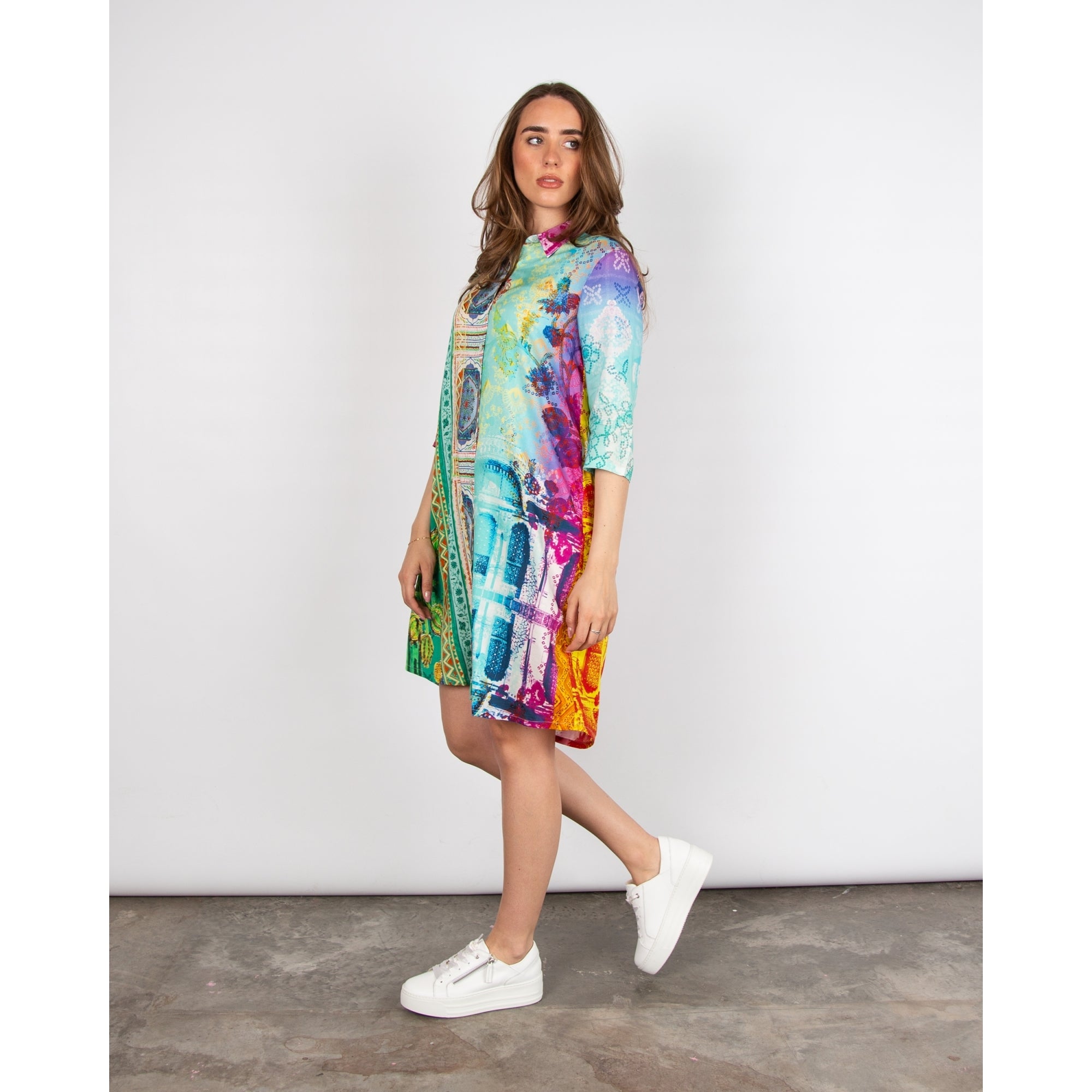 Orientique Multi Print 3/4 Sleeve Short Digital Shirt Dress Multi