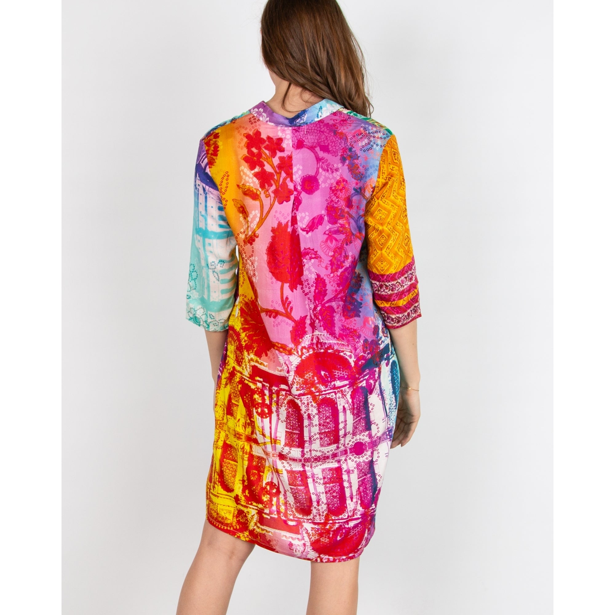 Orientique Multi Print 3/4 Sleeve Short Digital Shirt Dress Multi