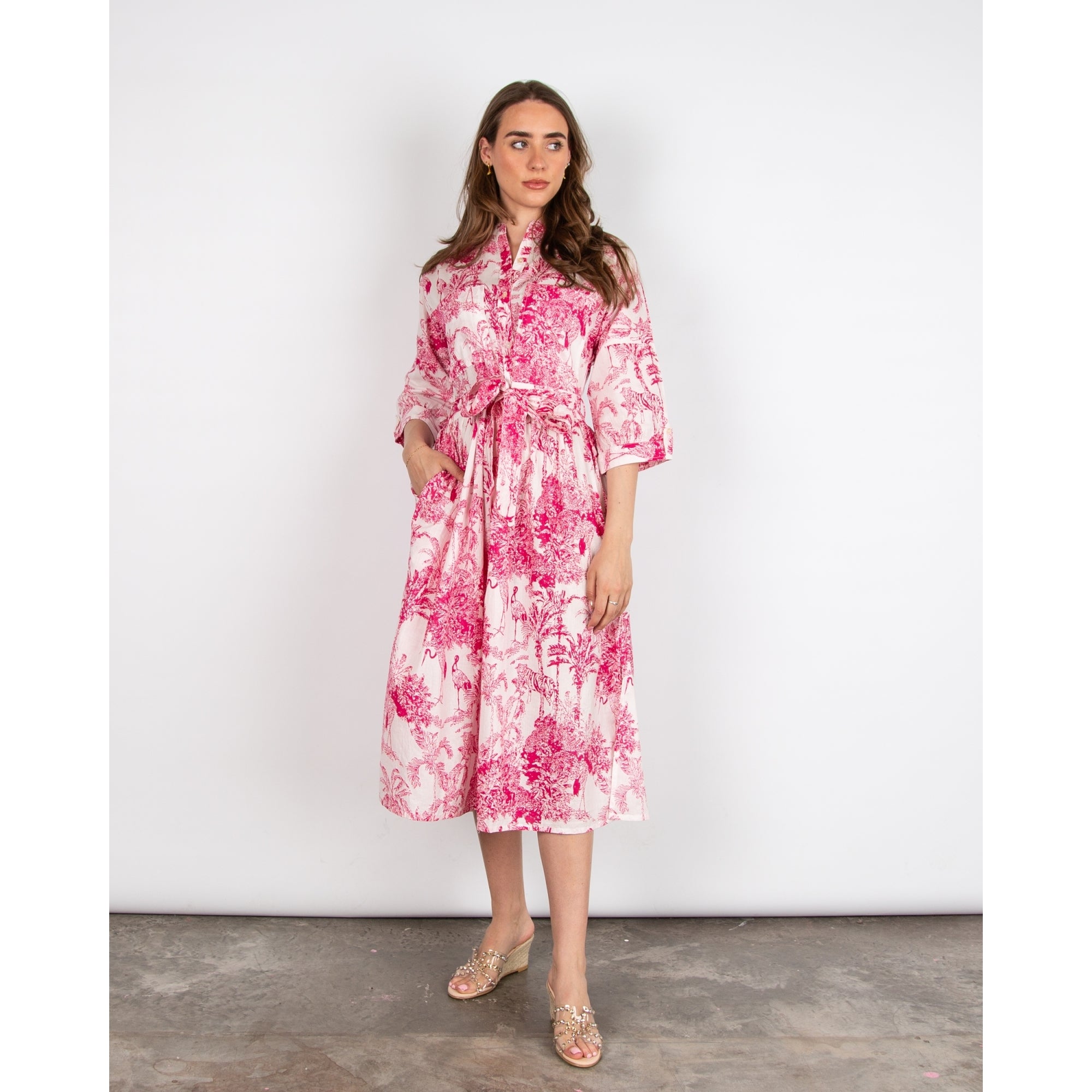 Dream Fashions Lawson Sketch Print Belted Long Cotton Dress Pink/Off White