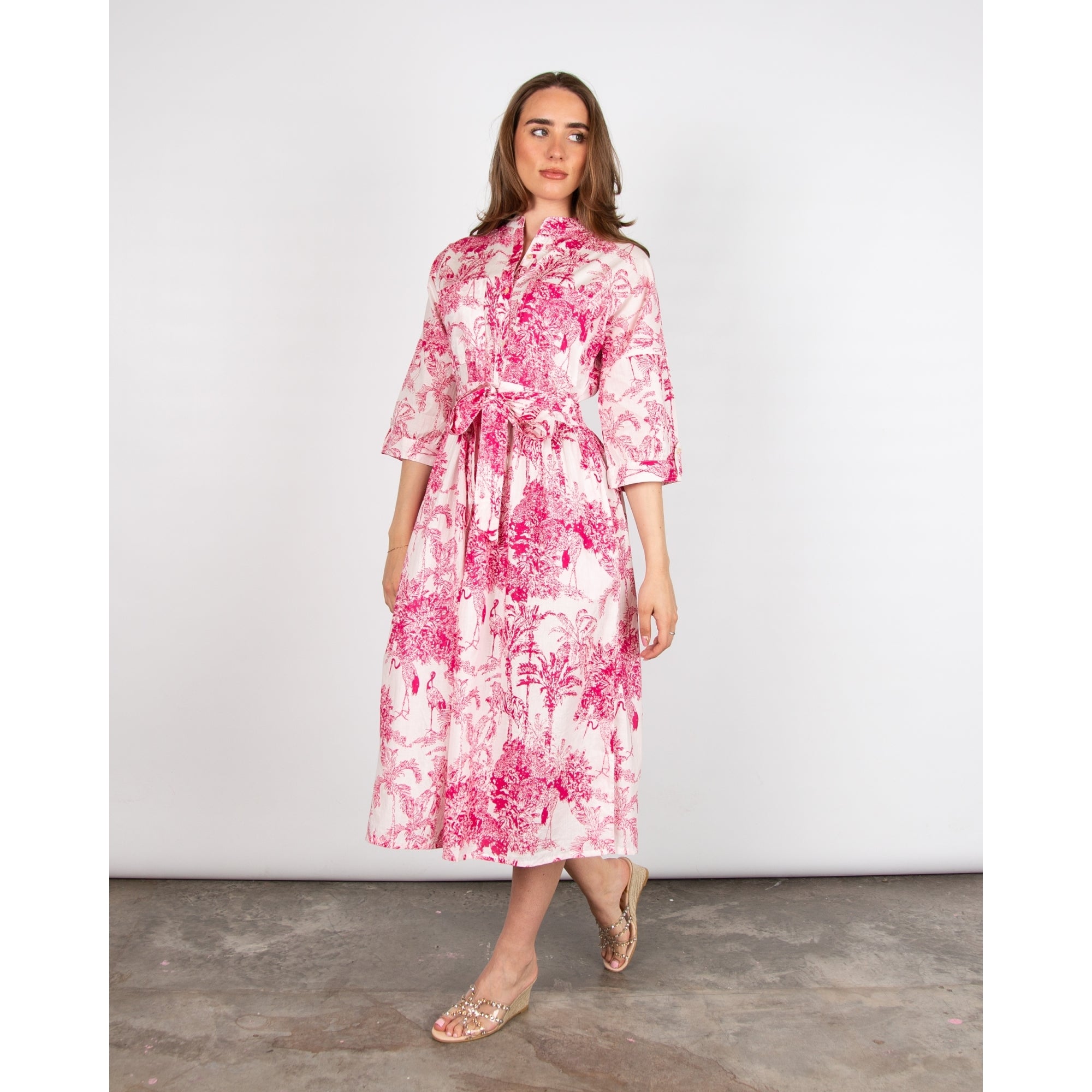 Dream Fashions Lawson Sketch Print Belted Long Cotton Dress Pink/Off White