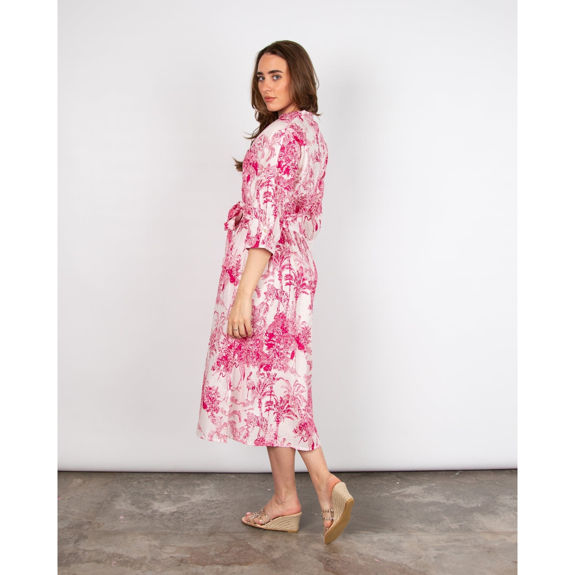 Dream Fashions Lawson Sketch Print Belted Long Cotton Dress Pink/Off White