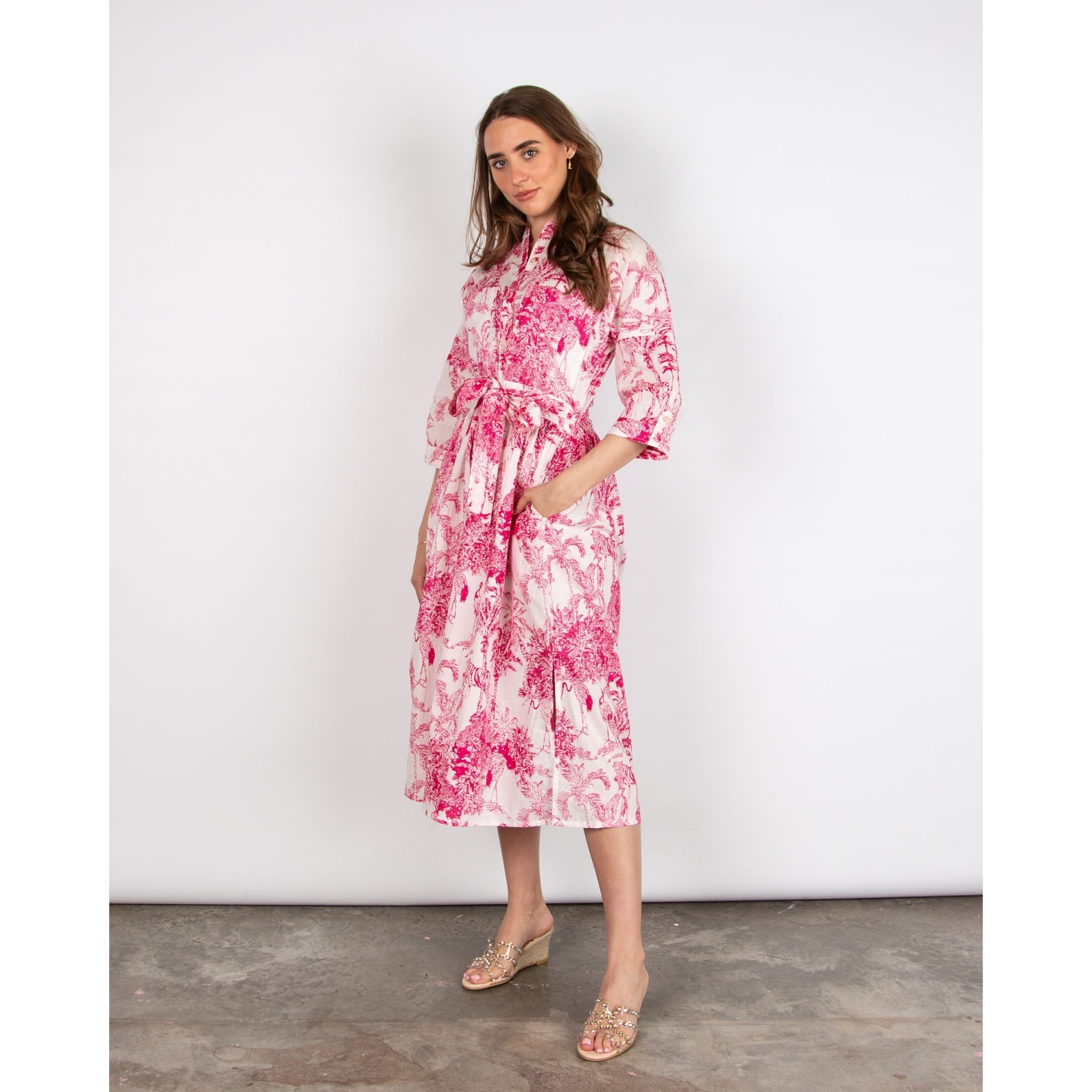 Dream Fashions Lawson Sketch Print Belted Long Cotton Dress Pink/Off White