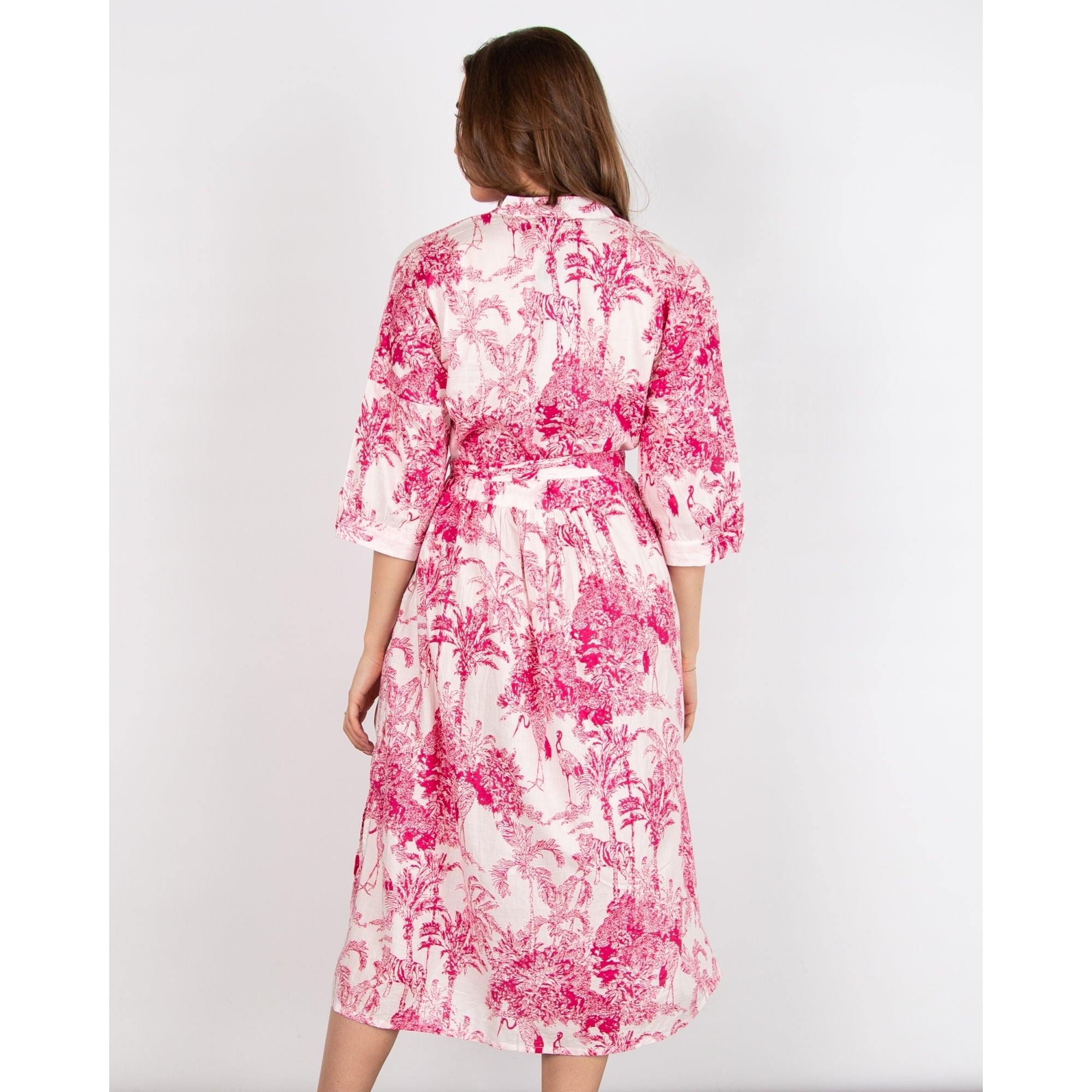 Dream Fashions Lawson Sketch Print Belted Long Cotton Dress Pink/Off White