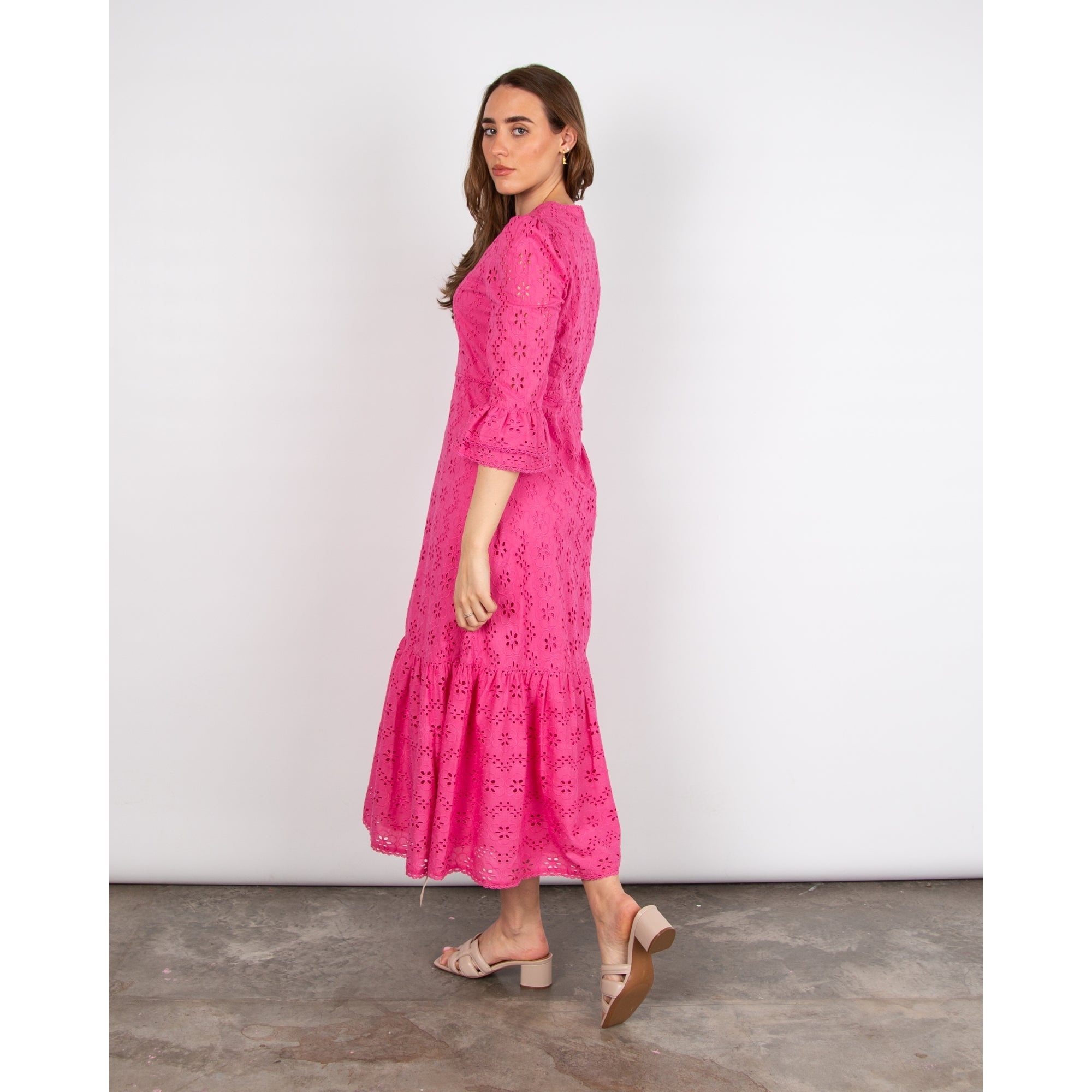 Aspiga Victoria V Neck Broderie Tiered Hem & Cuff Dress Hot Pink