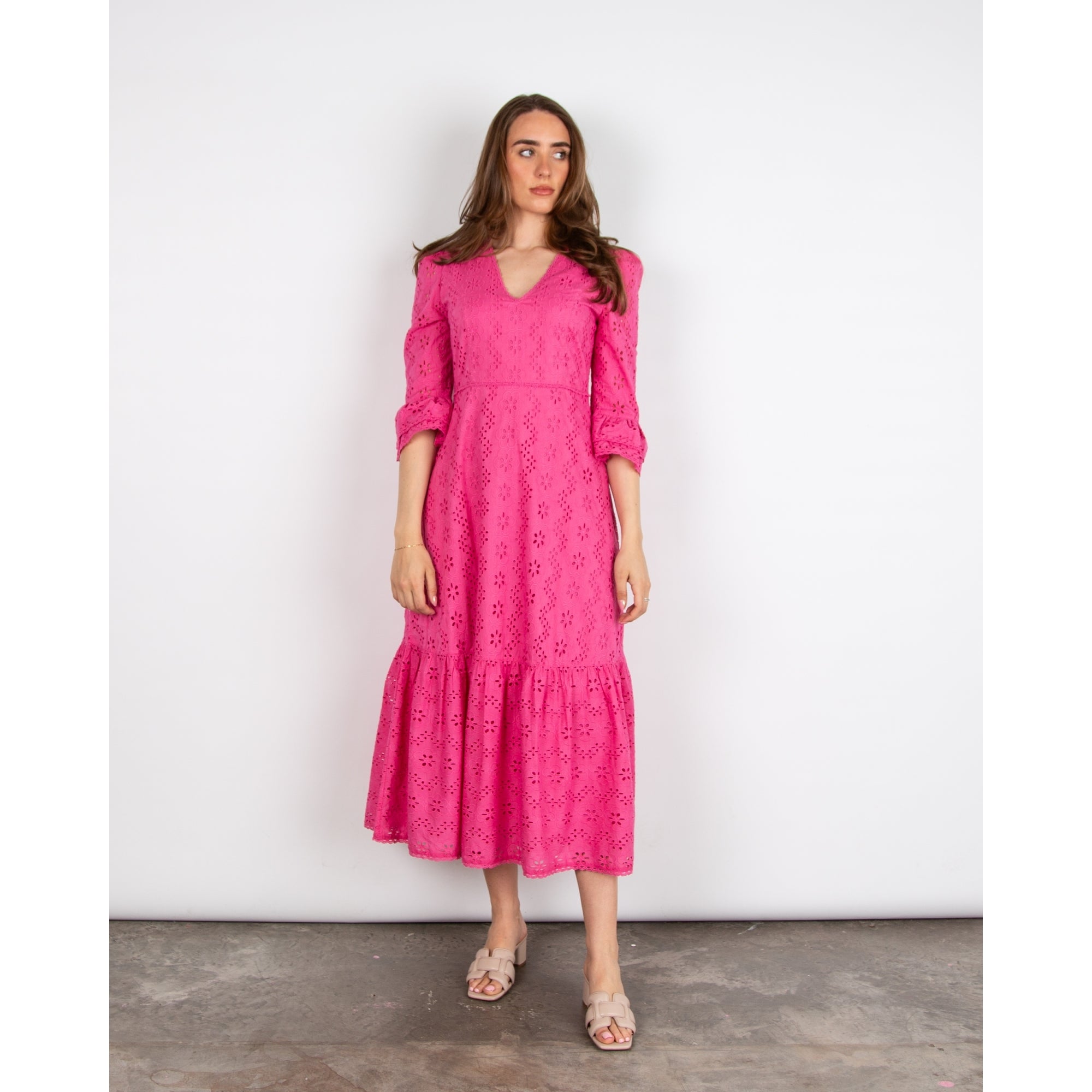 Aspiga Victoria V Neck Broderie Tiered Hem & Cuff Dress Hot Pink