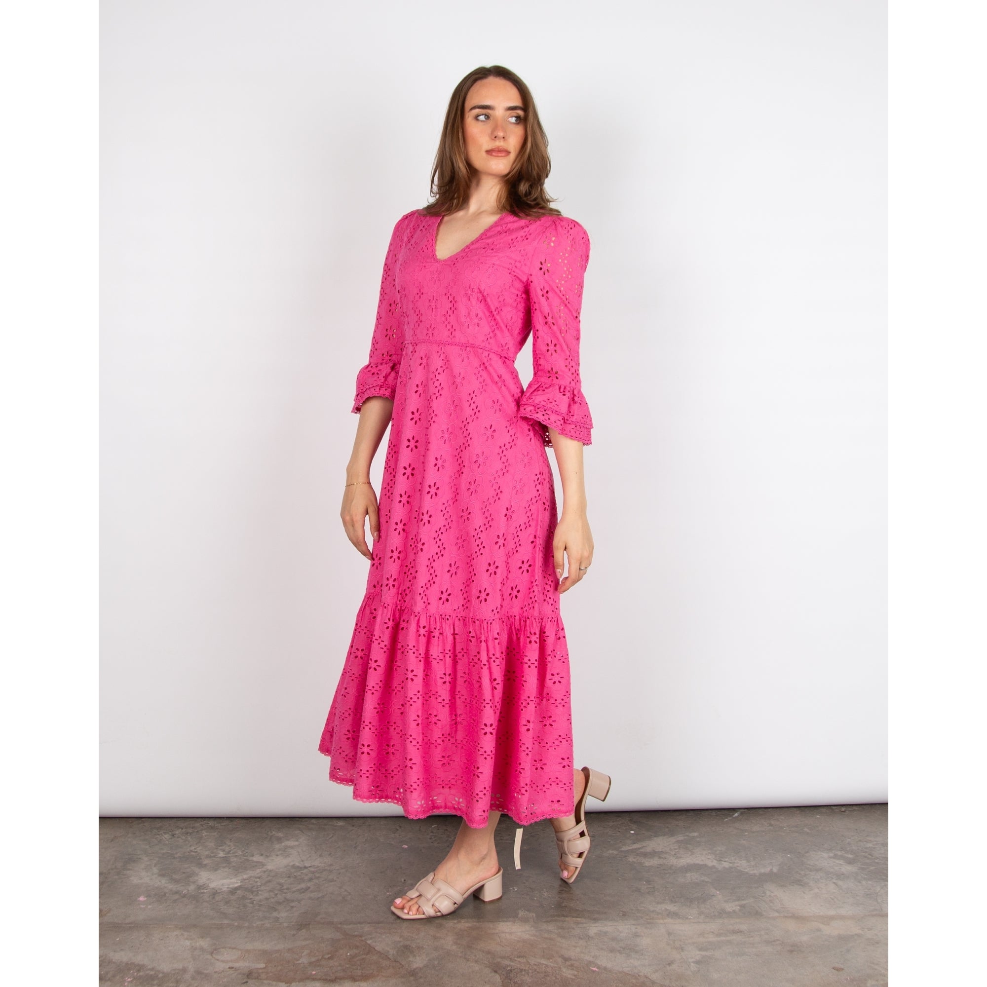 Aspiga Victoria V Neck Broderie Tiered Hem & Cuff Dress Hot Pink