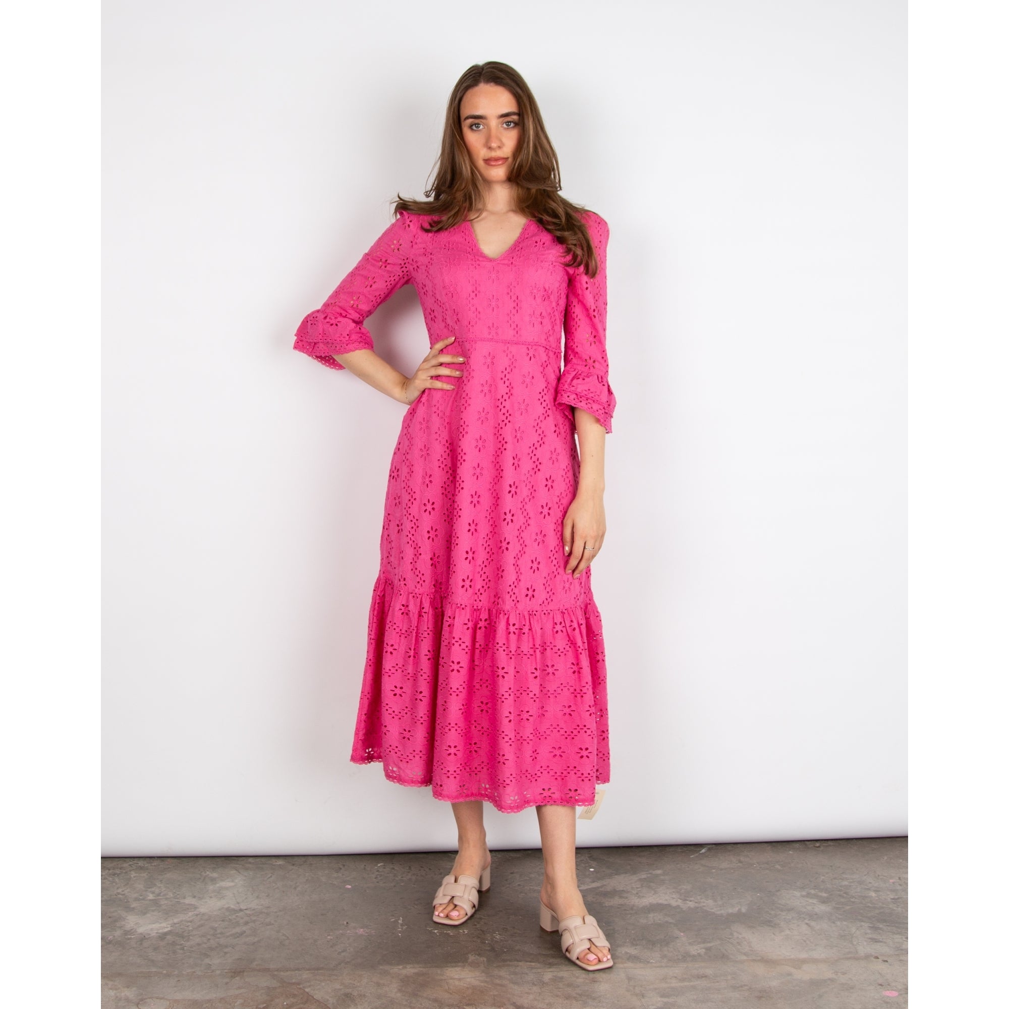 Aspiga Victoria V Neck Broderie Tiered Hem & Cuff Dress Hot Pink