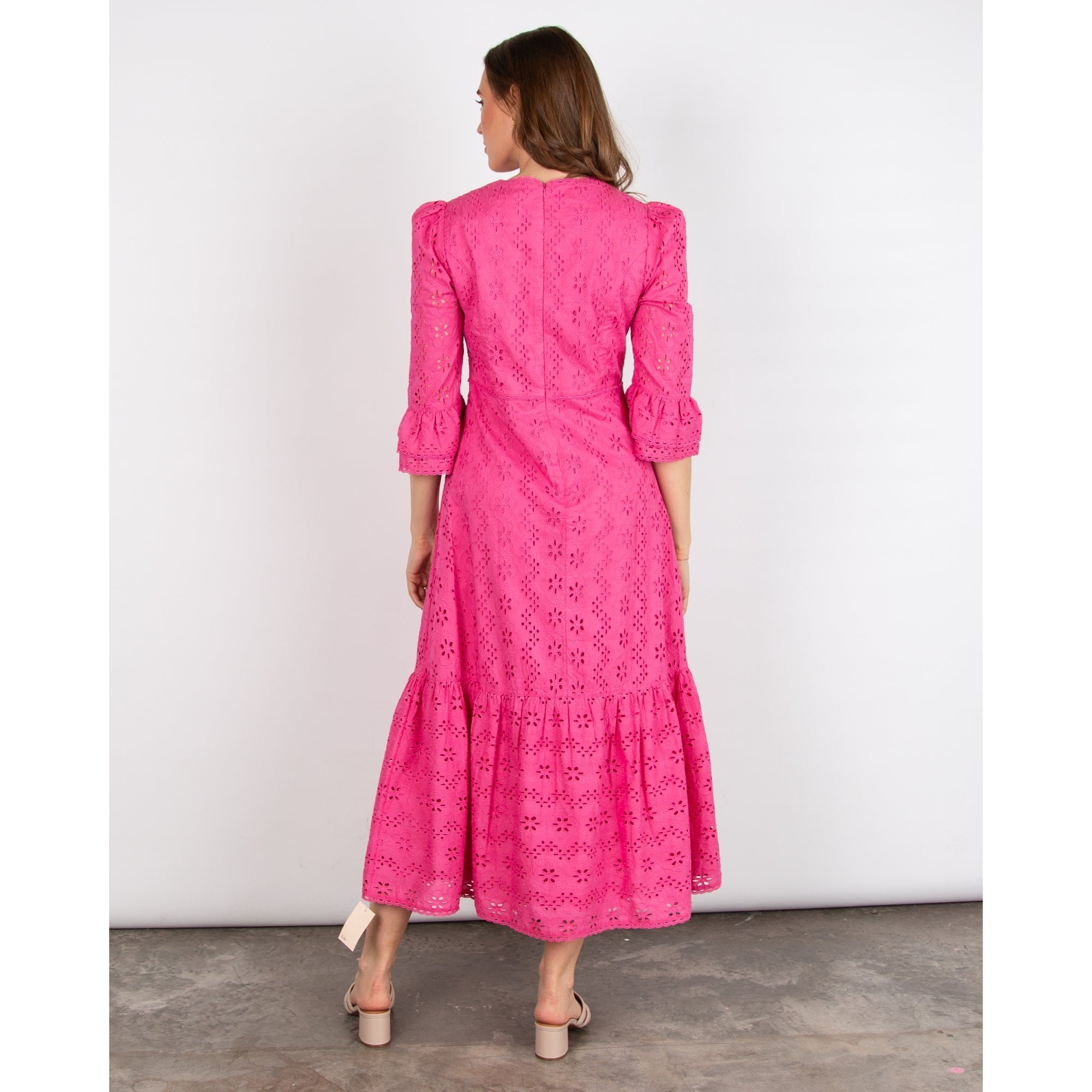 Aspiga Victoria V Neck Broderie Tiered Hem & Cuff Dress Hot Pink