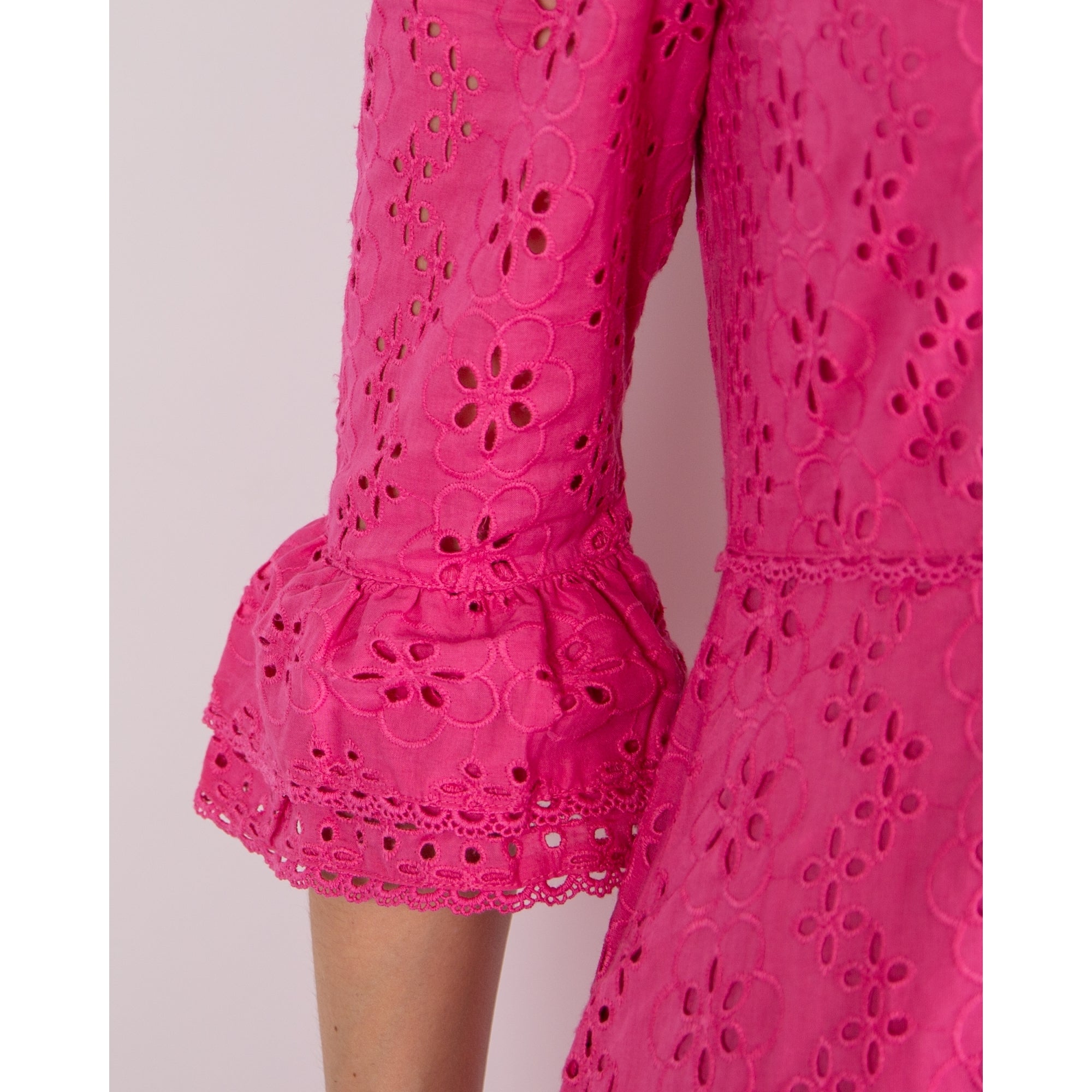 Aspiga Victoria V Neck Broderie Tiered Hem & Cuff Dress Hot Pink
