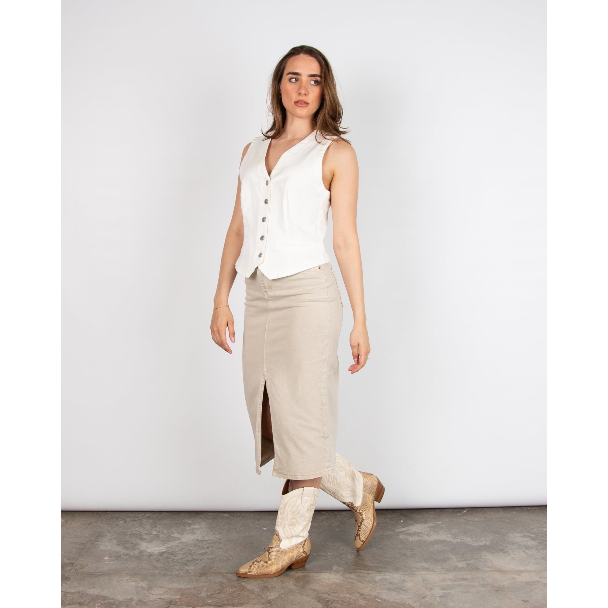 Red Button Denim Skirt With Front Split Beige