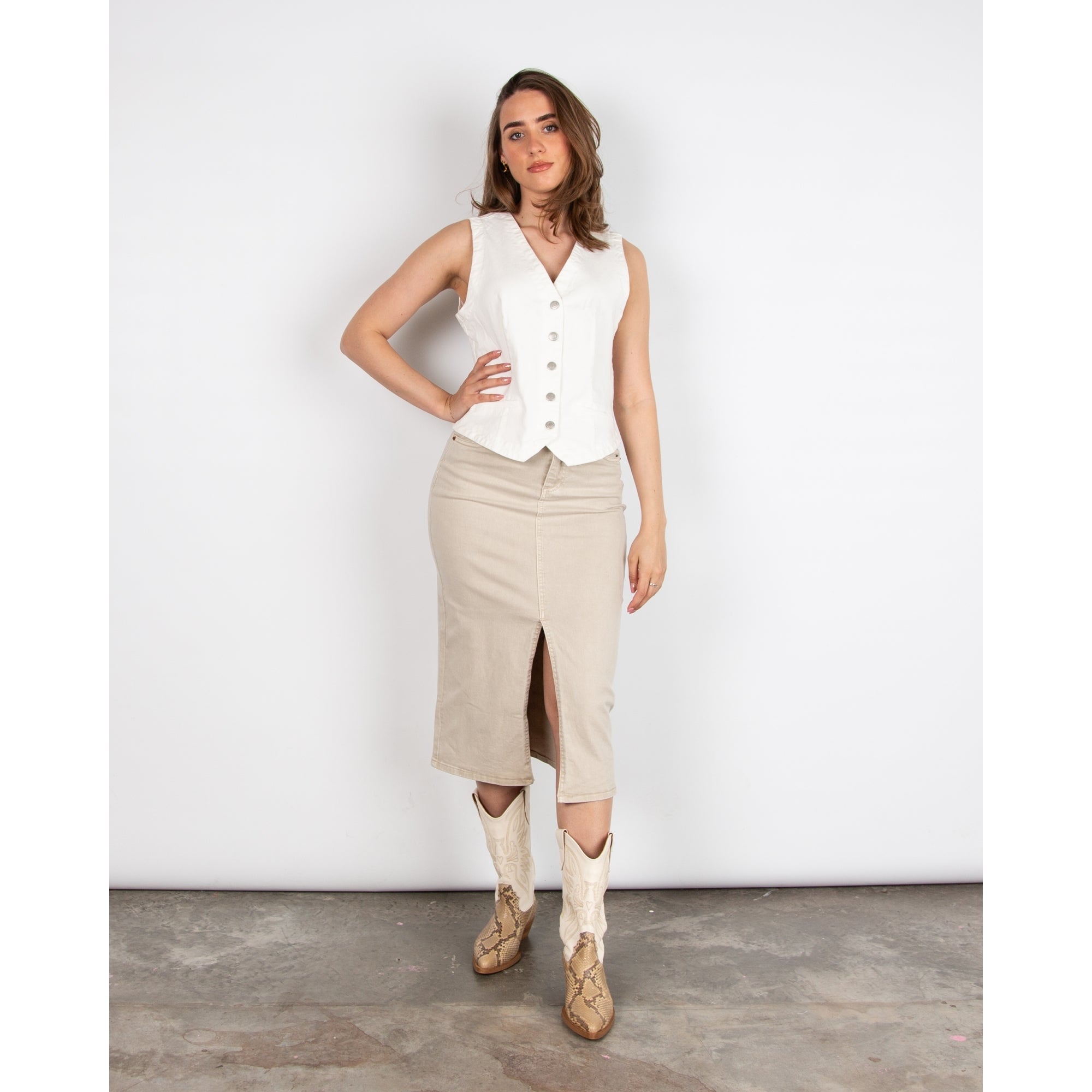 Red Button Denim Skirt With Front Split Beige