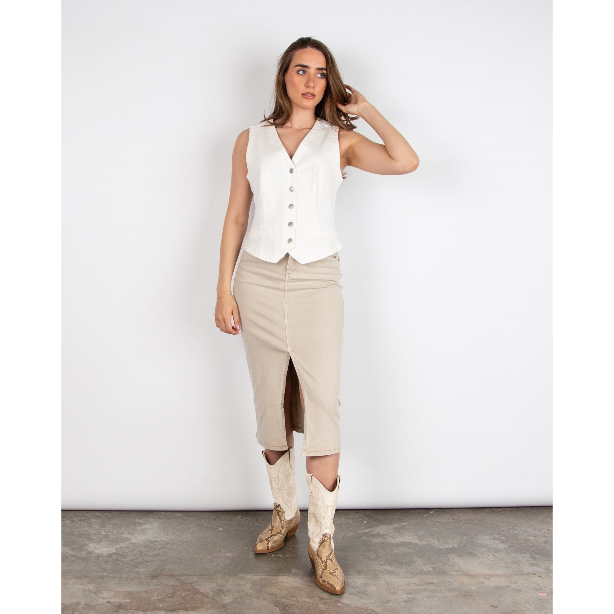 Red Button Denim Skirt With Front Split Beige