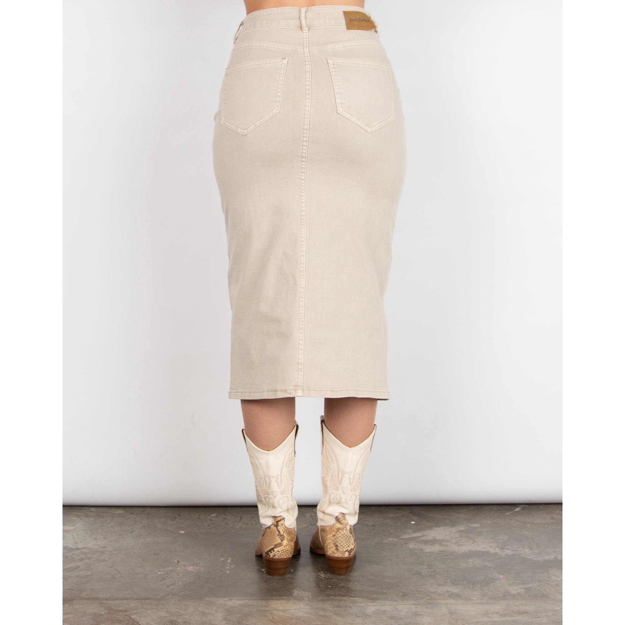 Red Button Denim Skirt With Front Split Beige