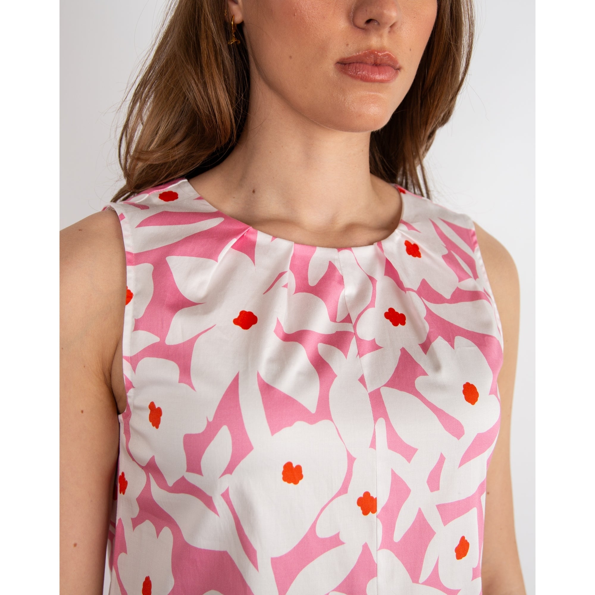 Marc Cain A Line Sleeveless Cotton Floral Print Dress Pink/white