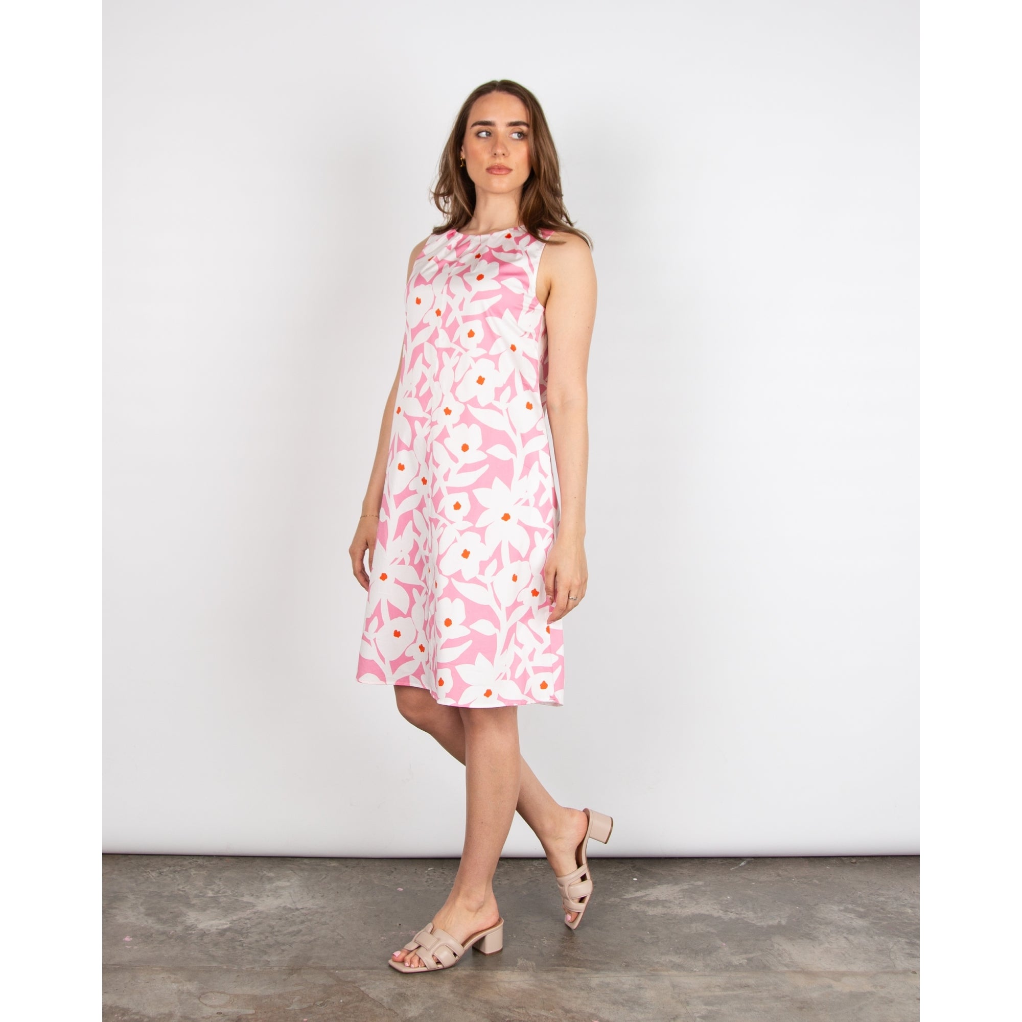 Marc Cain A Line Sleeveless Cotton Floral Print Dress Pink/white
