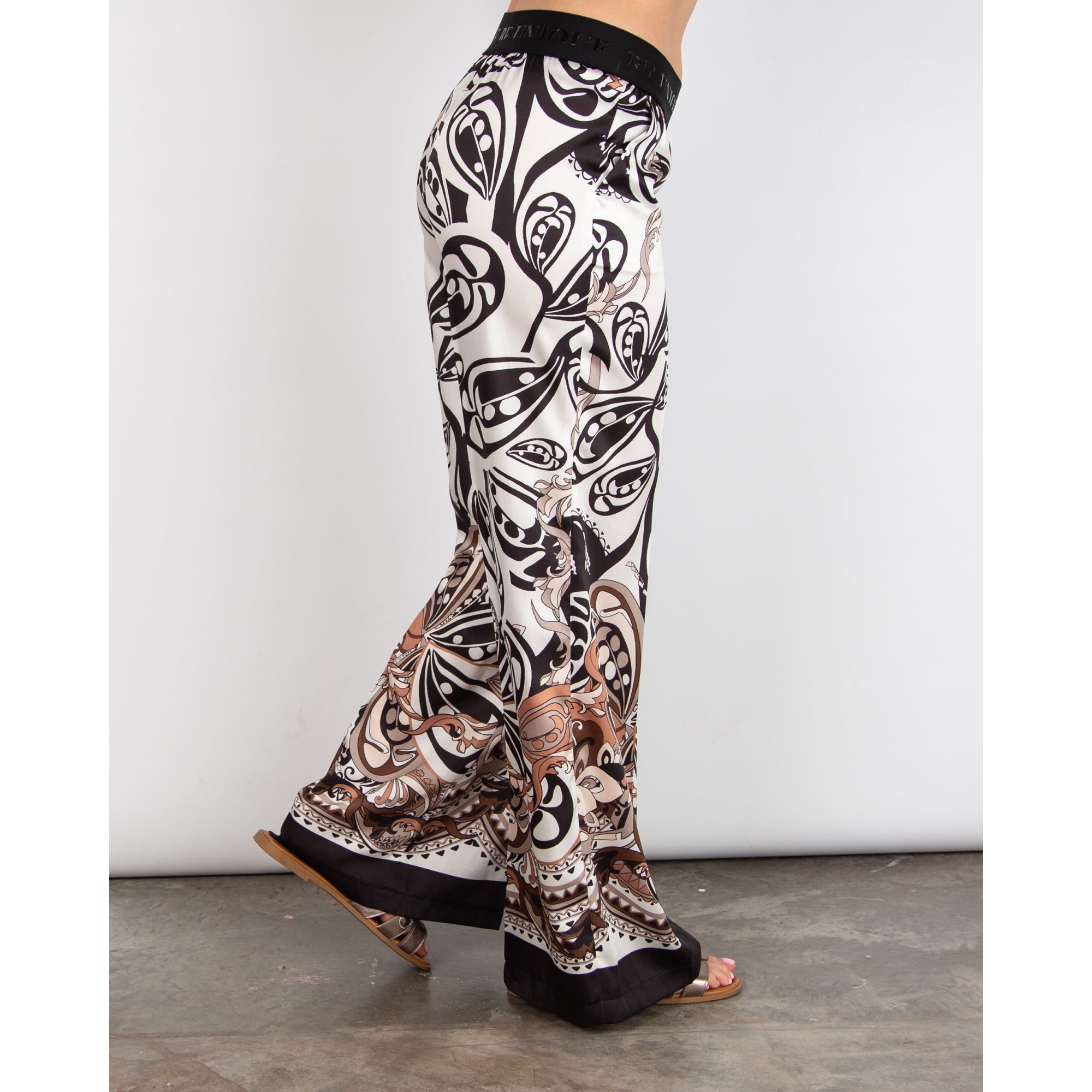Robell Melly Elastic Waist Printed Palazzo Trouser Black/white/brown