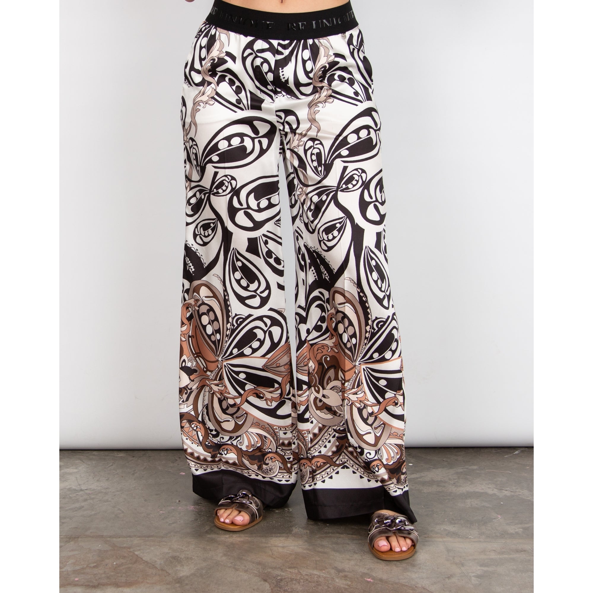 Robell Melly Elastic Waist Printed Palazzo Trouser Black/white/brown