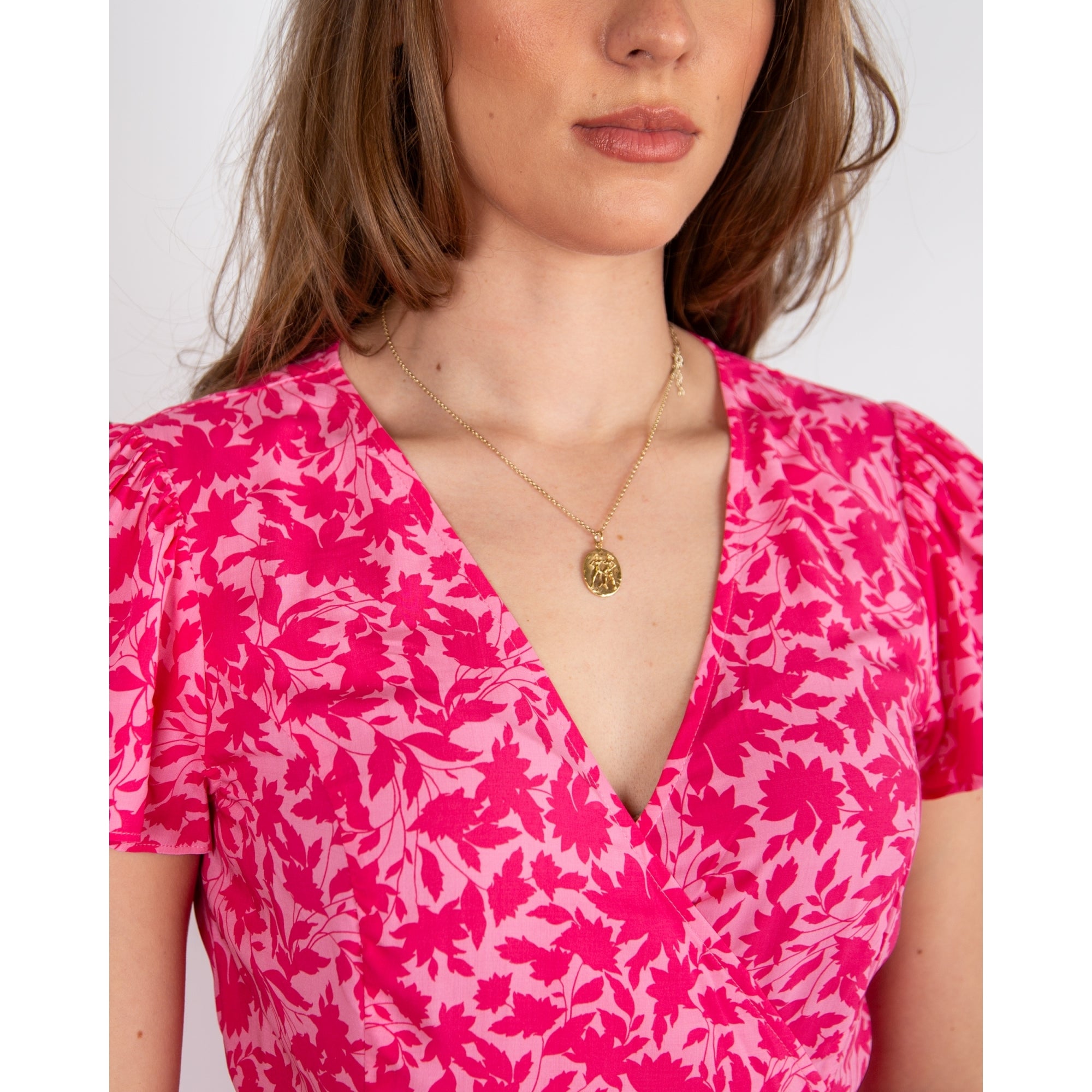 Aspiga Chelsea Leaf Print Frill Edge Short Tie Wrap Dress Clematis Vines Pink