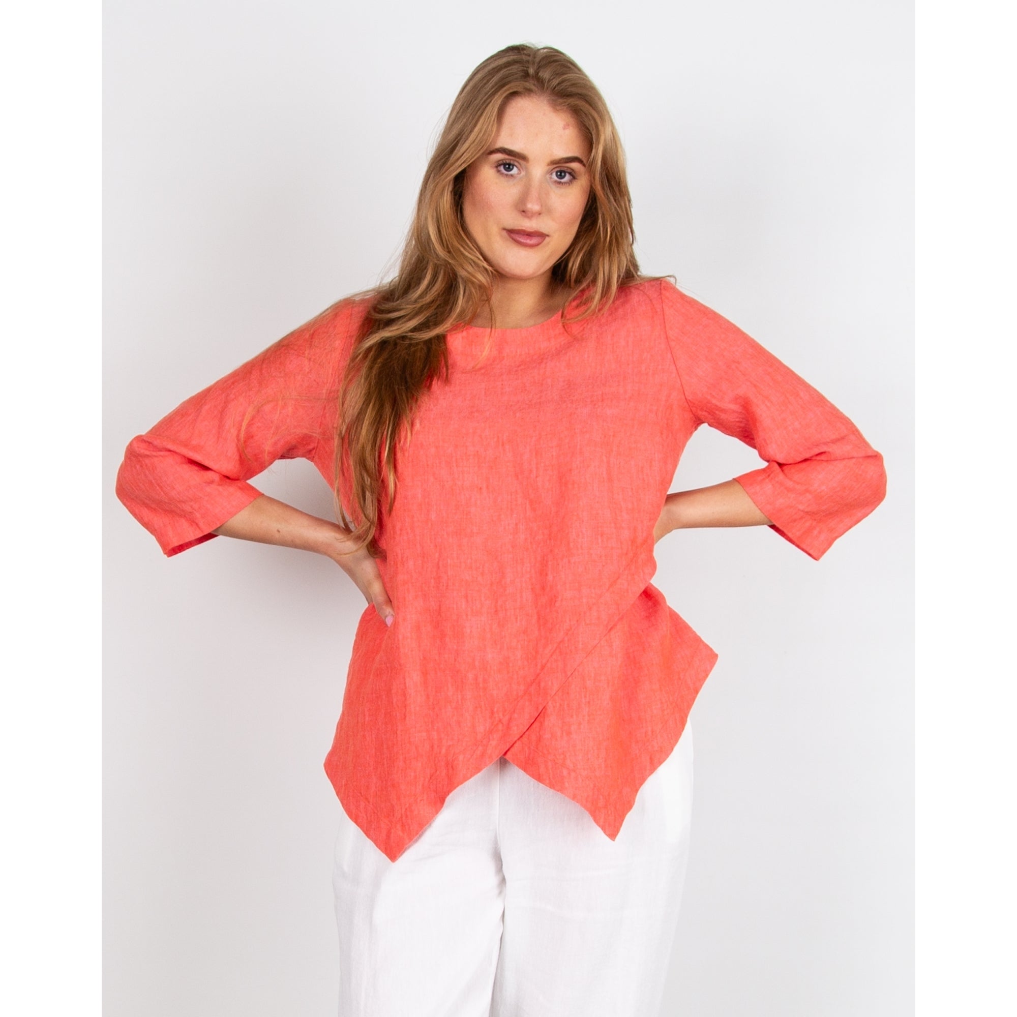 Sahara Asymmetric Layered Hem Linen Top Coral