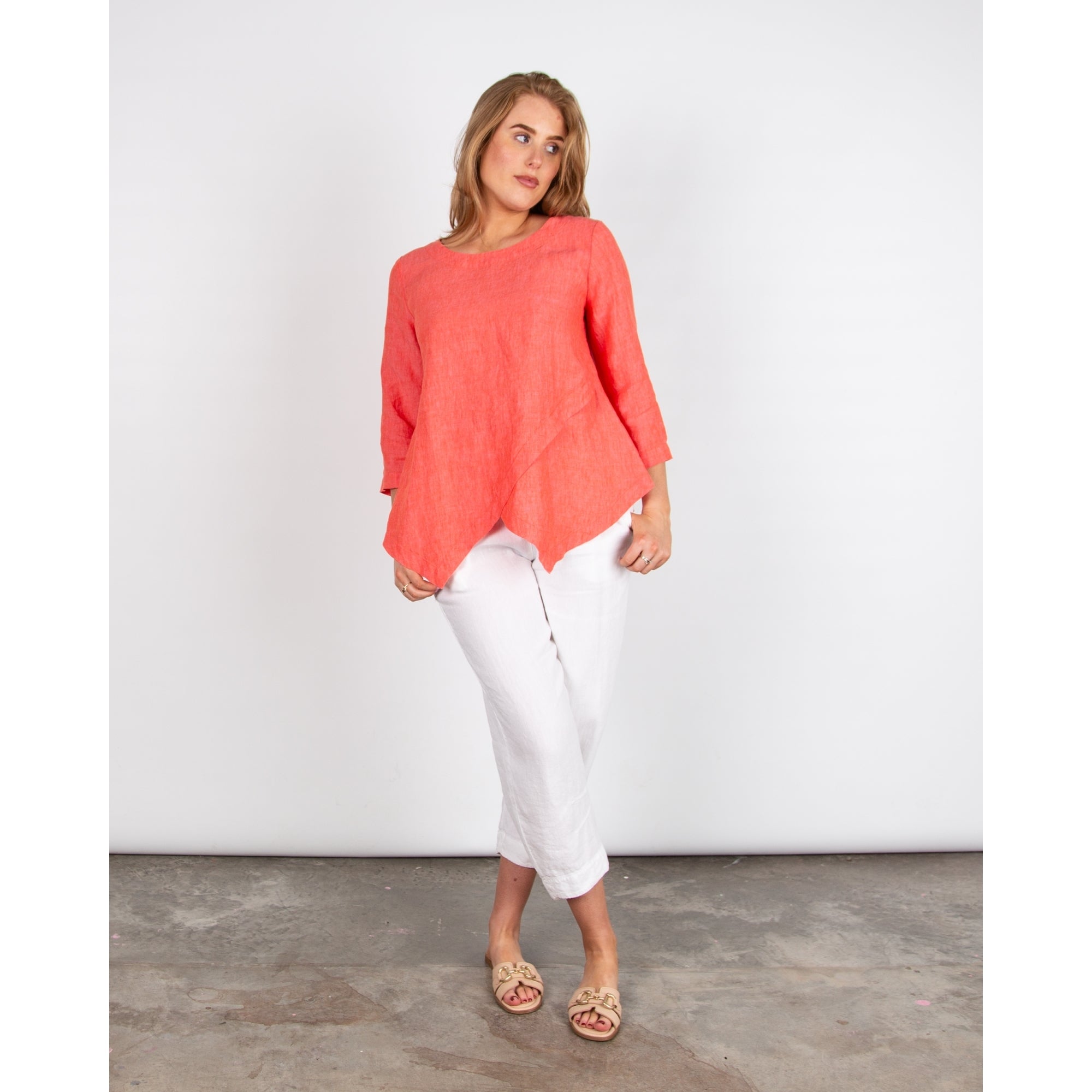 Sahara Asymmetric Layered Hem Linen Top Coral