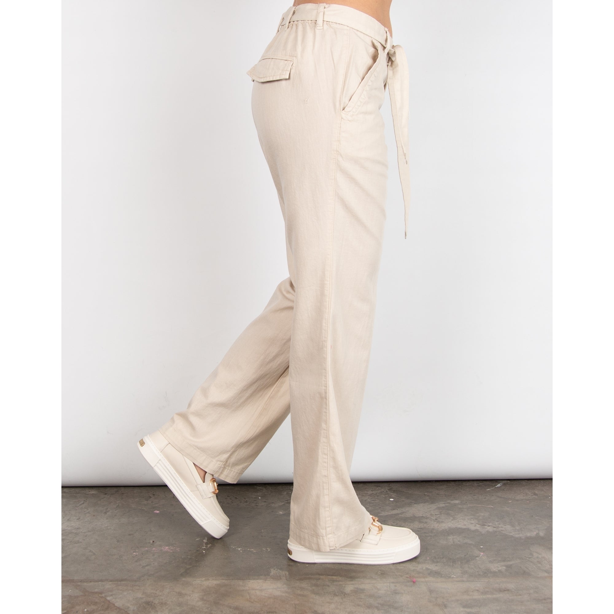 Red Button Tie Waist Wide Leg Linen Trouser Stone