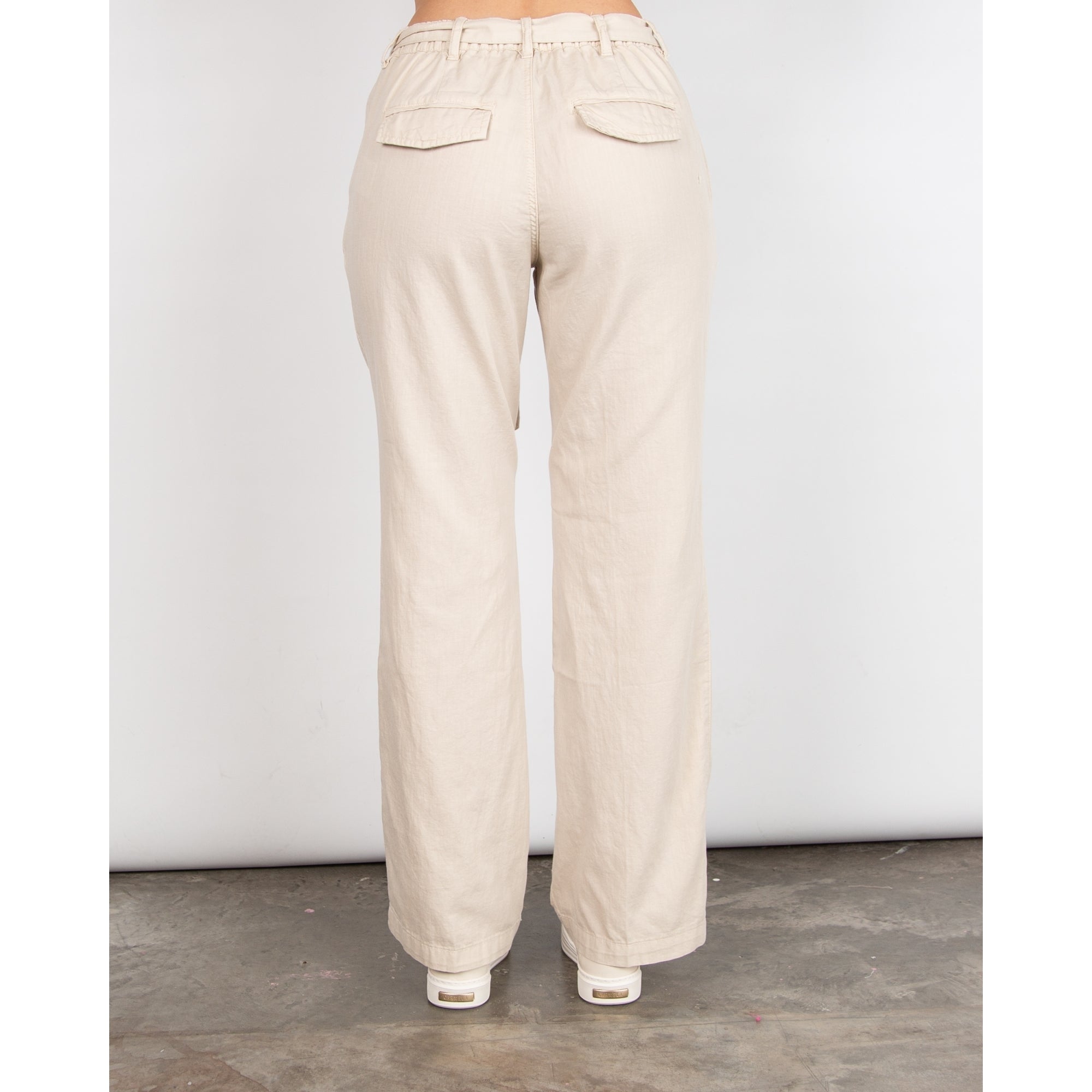 Red Button Tie Waist Wide Leg Linen Trouser Stone