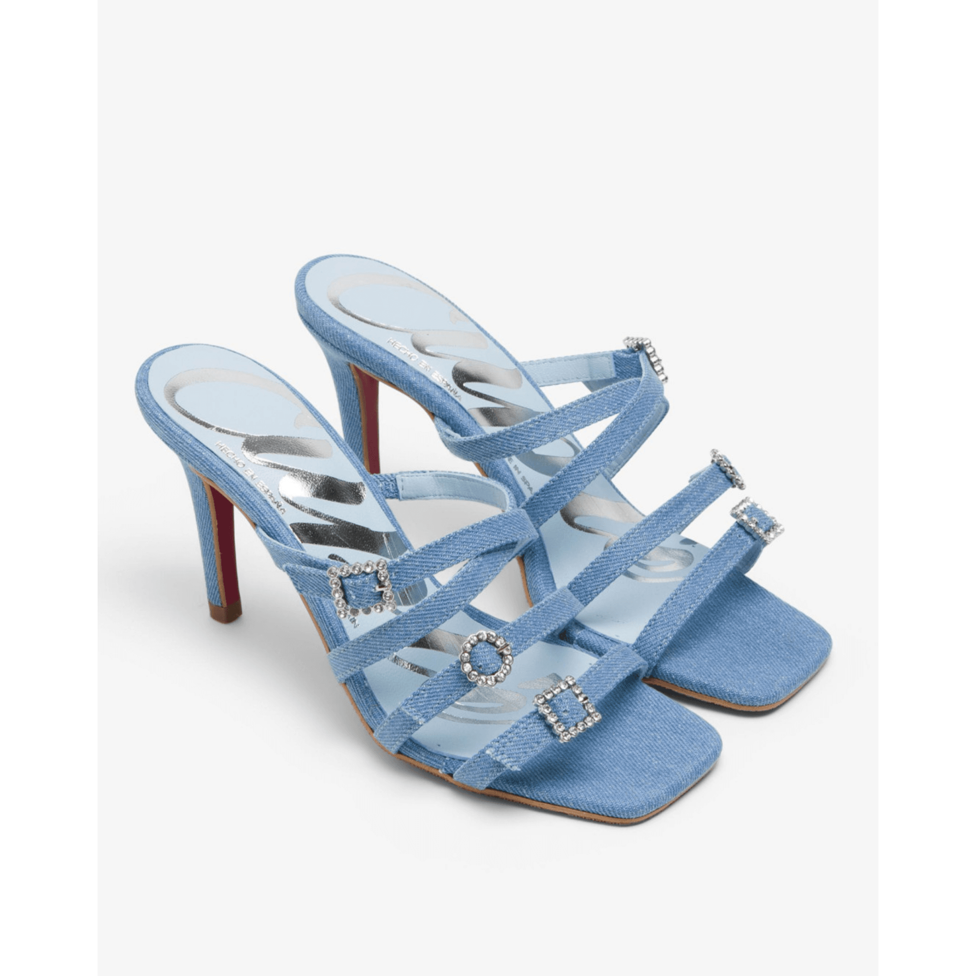 Cuple Strappy Denim Heeled Mules With Diamante Buckle Denim