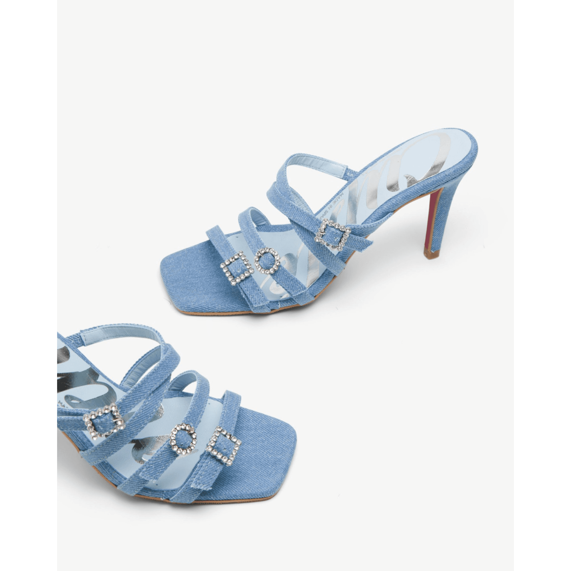 Cuple Strappy Denim Heeled Mules With Diamante Buckle Denim