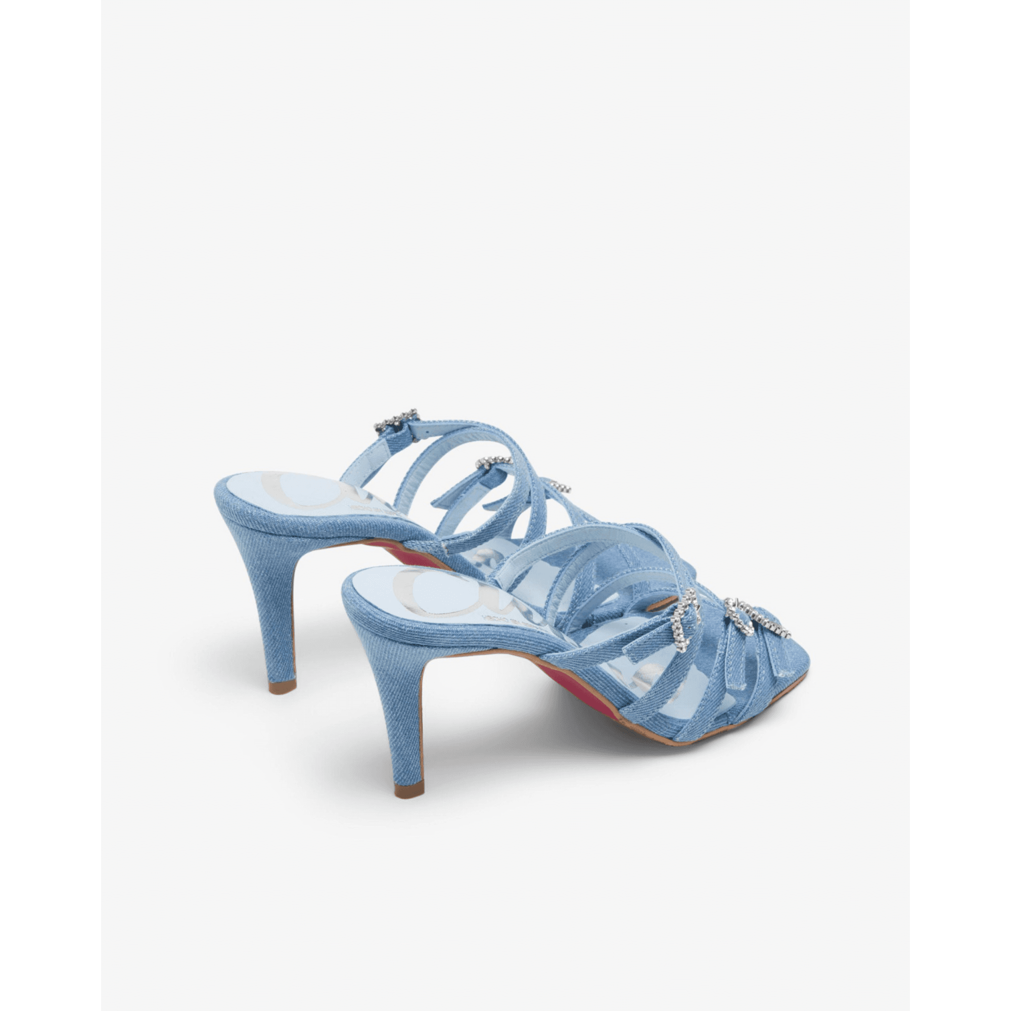 Cuple Strappy Denim Heeled Mules With Diamante Buckle Denim