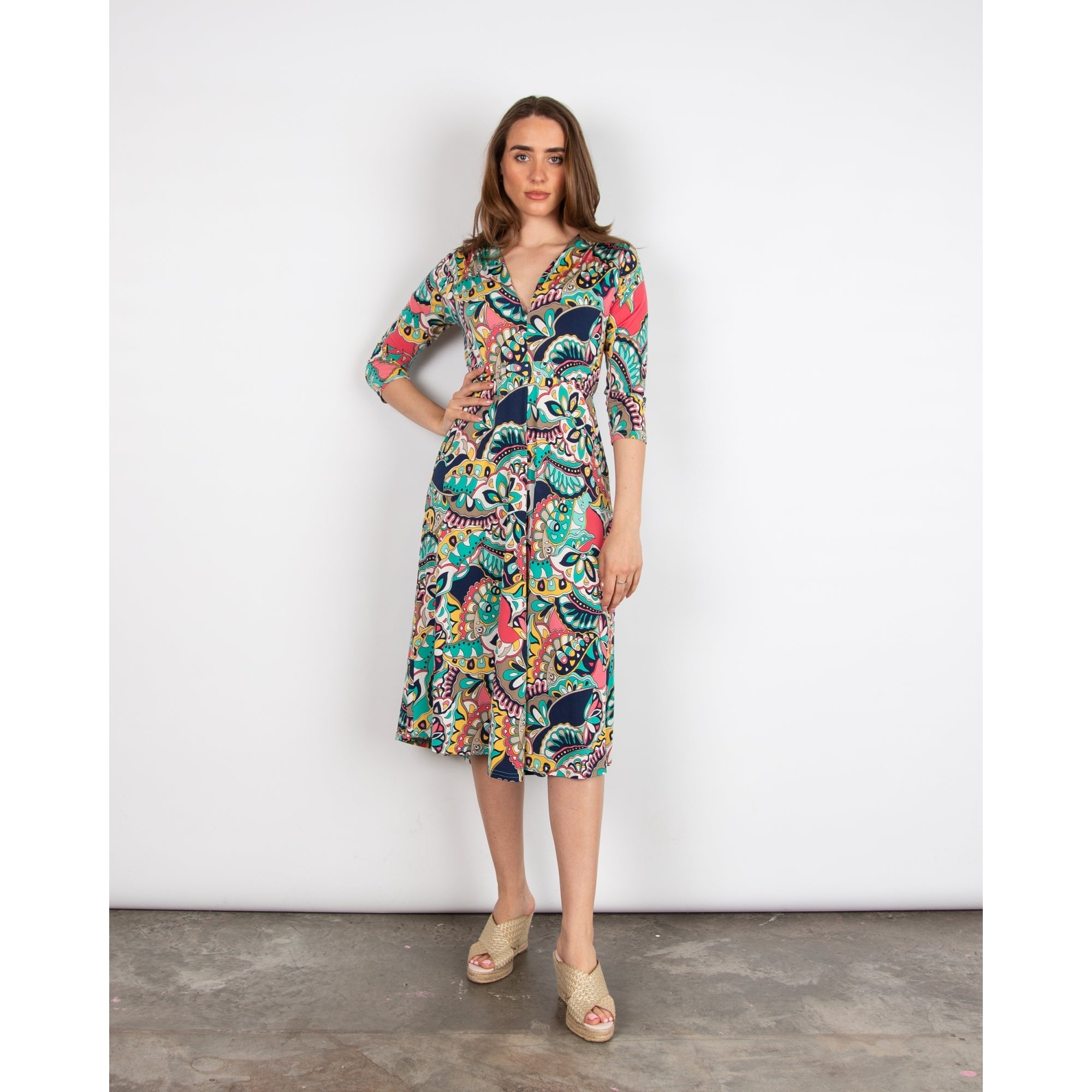 Onjenu Amy Abstract Print V Neck Tie Waist Jersey Dress Iris Aqua